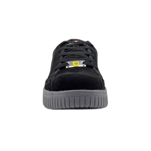 Airwalk Men's Camino Low ESD Composite Toe safety shoe in Black/Grey front view highlighting the protective composite toe cap, secure lace-up closure, breathable mesh upper, wide D-width fit, and athletic-inspired work shoe design.