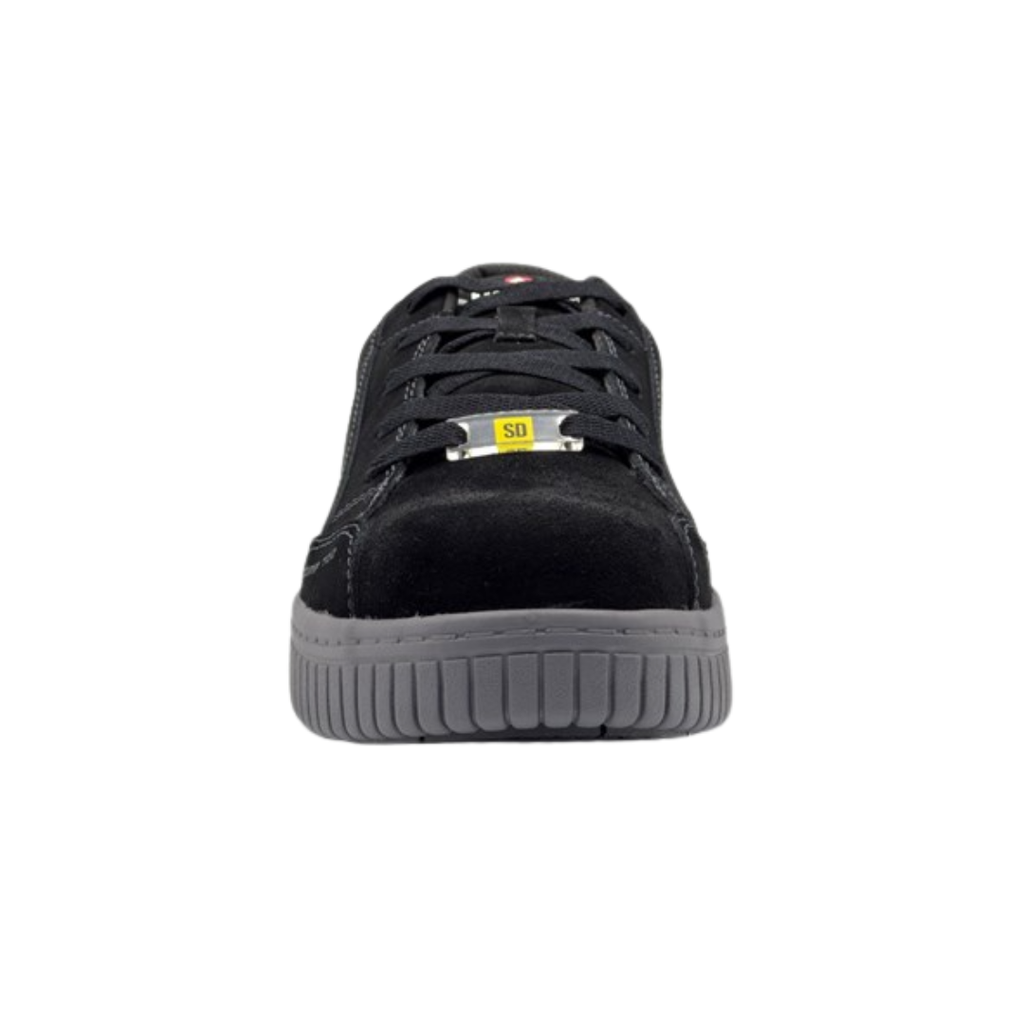 Airwalk Women's Camino Low ESD Composite Toe safety shoe in Black/Grey front view highlighting the protective composite toe cap, secure lace-up closure, breathable mesh upper, wide D-width fit, and athletic-inspired work shoe design.