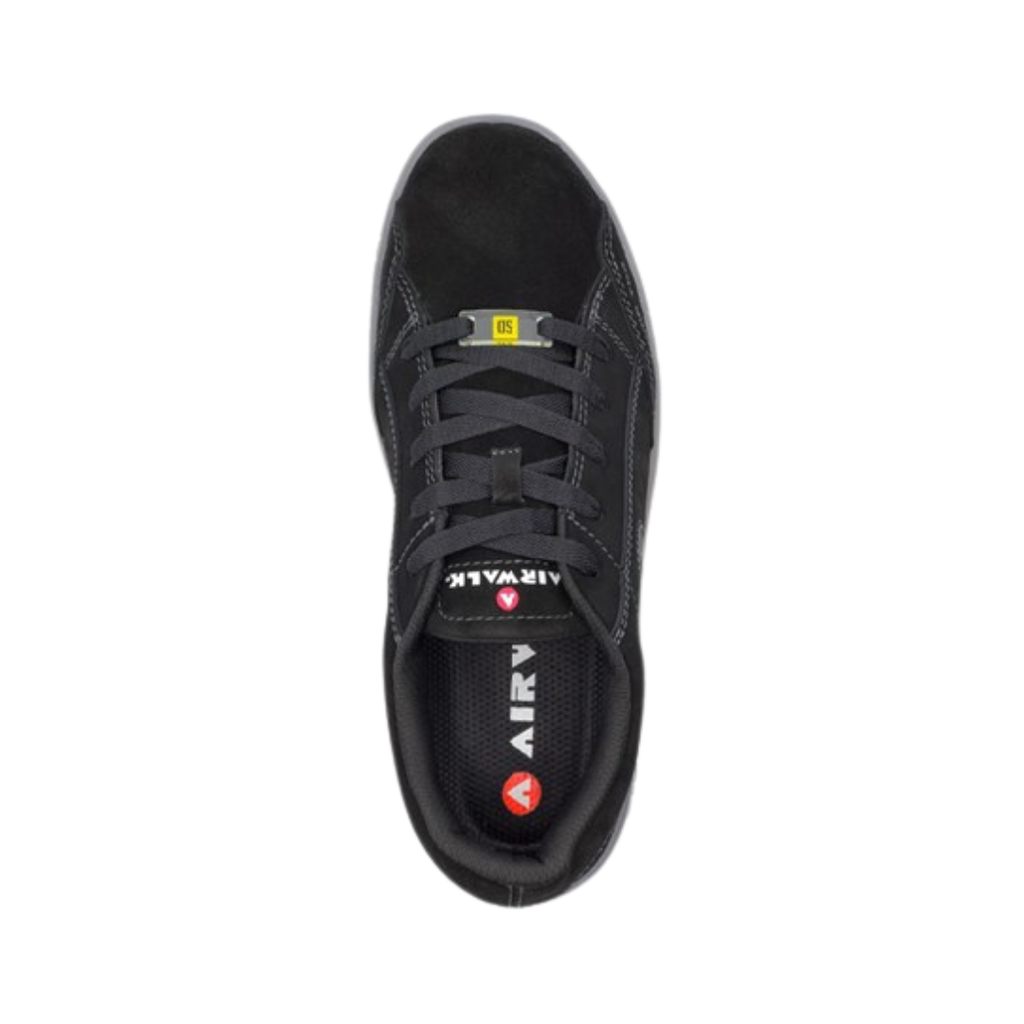Airwalk Women's Camino Low ESD Composite Toe safety shoe in Black/Grey top view showcasing the breathable mesh upper, lace-up closure, padded tongue, cushioned foot opening, and lightweight athletic work shoe design with ESD protection.