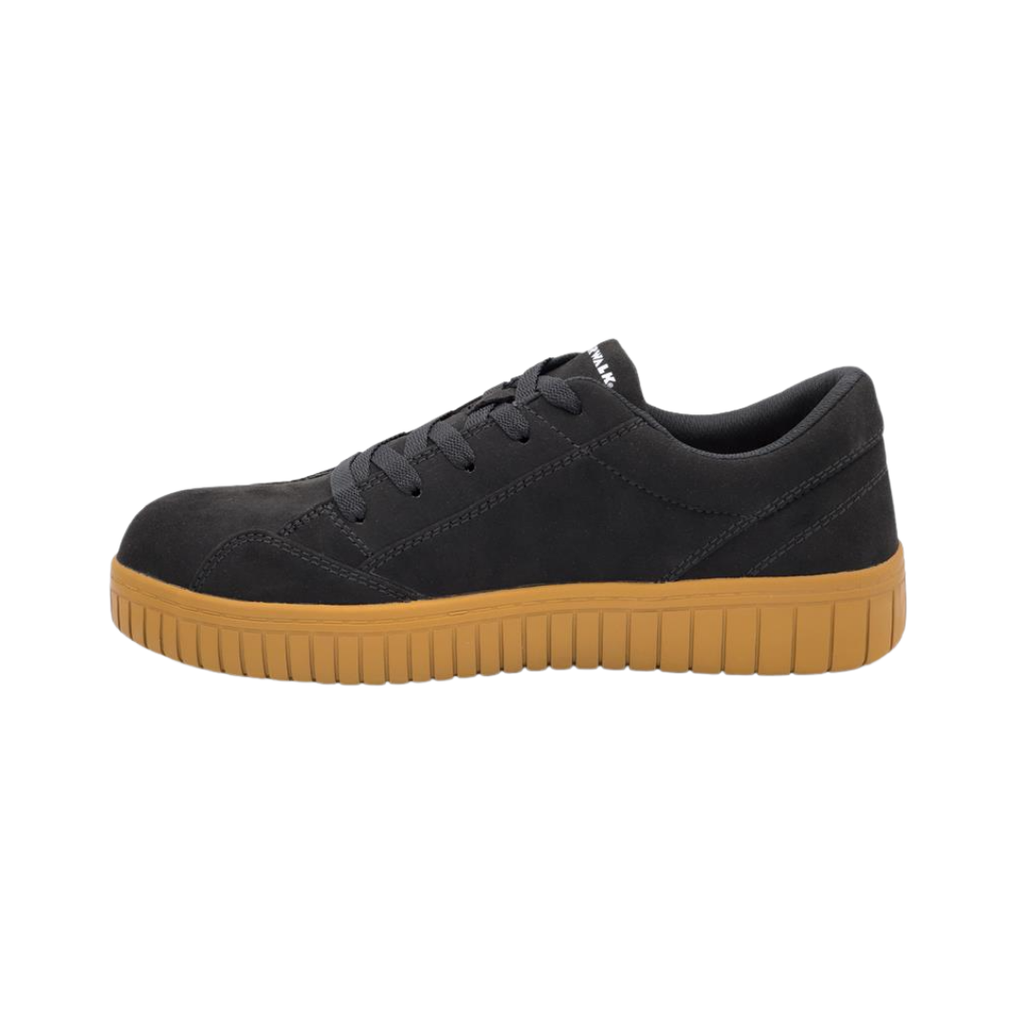Airwalk Men's Camino Low Composite Toe safety shoe in Black/Gum side view featuring a durable synthetic upper, lightweight composite toe protection, cushioned midsole, and slip-resistant gum rubber outsole for dependable comfort and performance on the job.