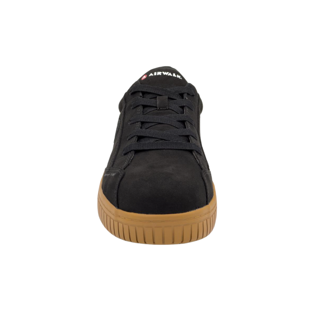 Airwalk Men's Camino Low Composite Toe safety shoe in Black/Gum front view highlighting the protective composite toe, secure lace-up closure, durable synthetic upper, padded tongue, and athletic-inspired work shoe design.