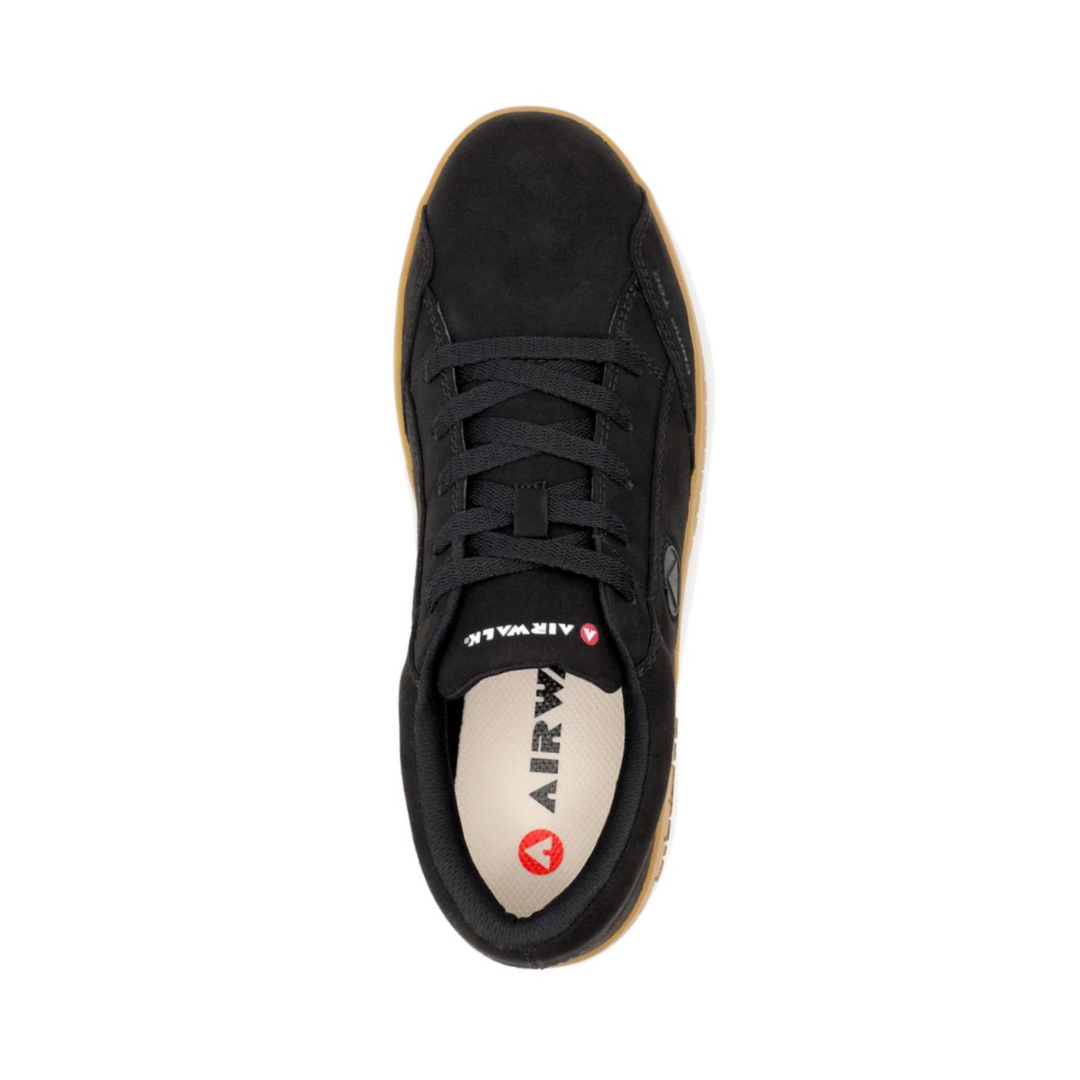 Airwalk Men's Camino Low Composite Toe safety shoe in Black/Gum top view showcasing the lace-up closure, moisture-wicking lining, padded tongue, cushioned foot opening, and durable synthetic upper for breathable, comfortable wear throughout the workday.