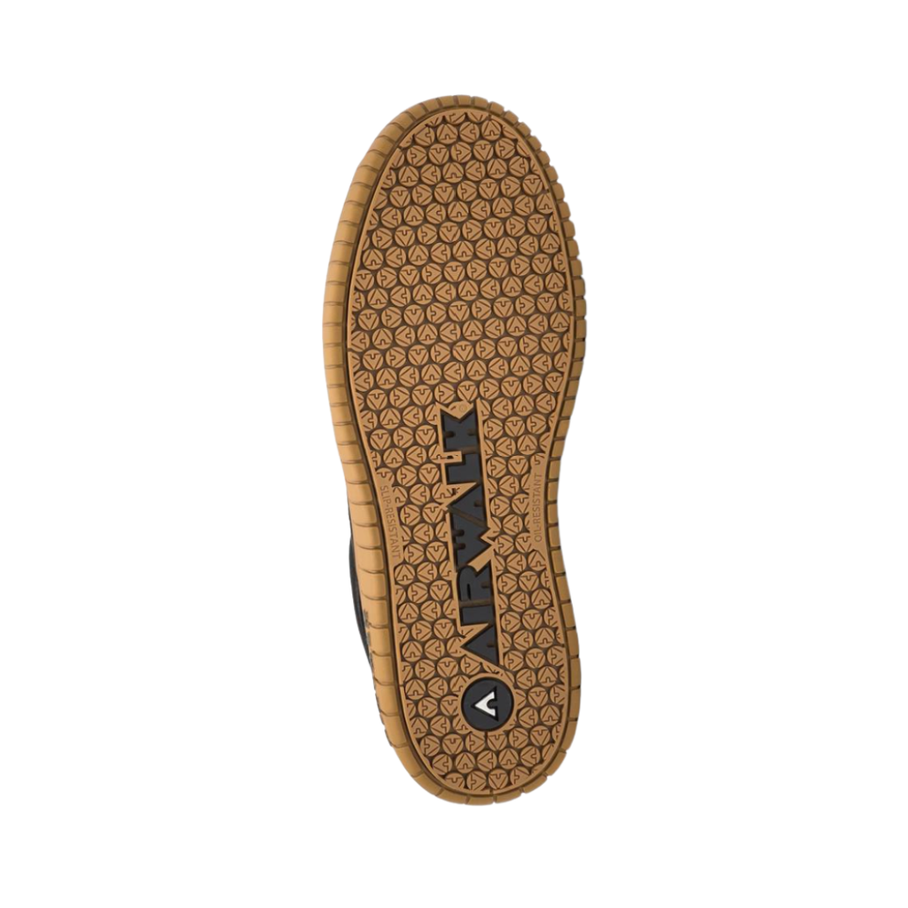 Airwalk Men's Camino Low Composite Toe safety shoe in Black/Gum bottom view featuring a durable slip-resistant gum rubber outsole with multi-directional traction pattern engineered to provide reliable grip, stability, and confidence on a variety of work surfaces.