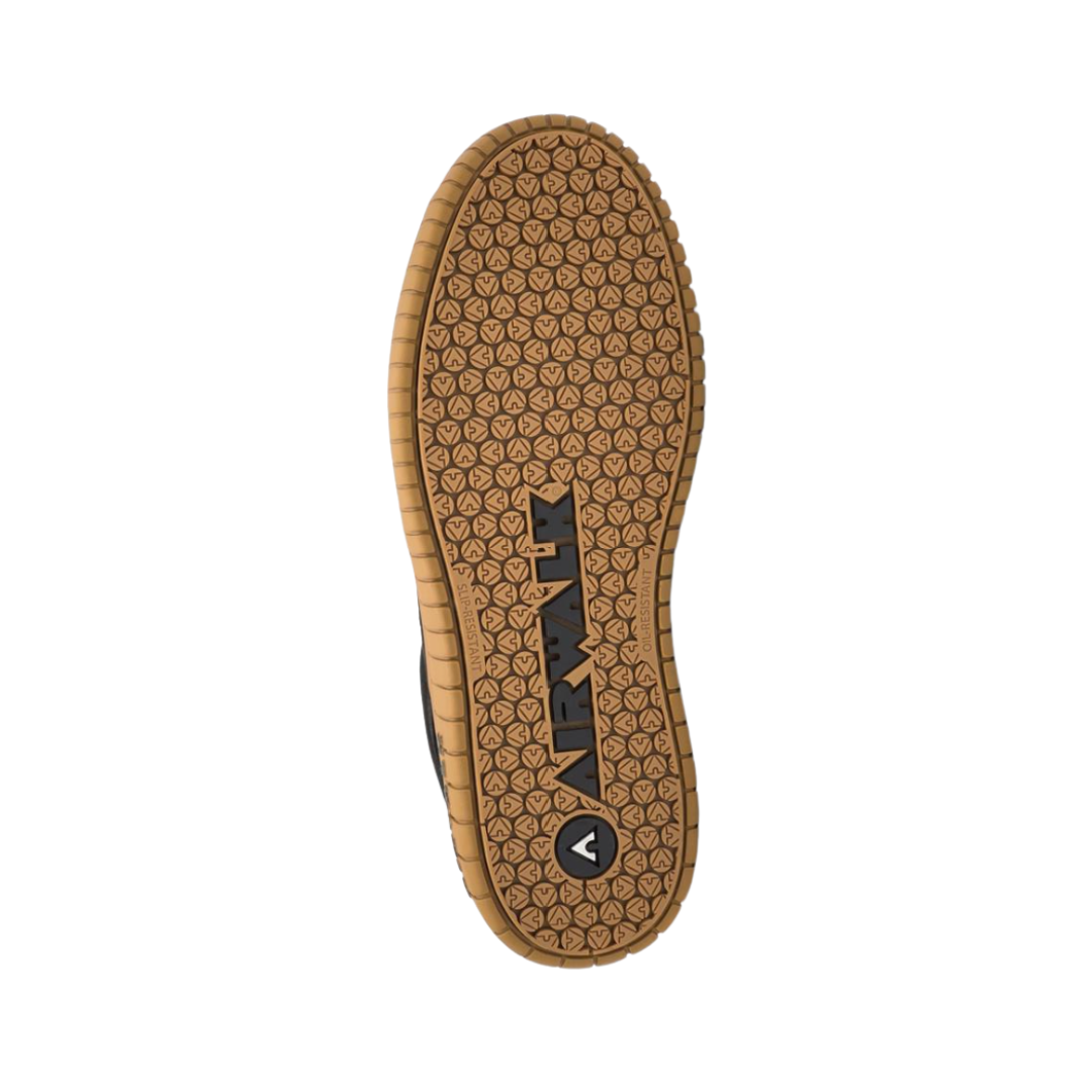 Airwalk Men's Camino Low Composite Toe safety shoe in Black/Gum bottom view featuring a durable slip-resistant gum rubber outsole with multi-directional traction pattern engineered to provide reliable grip, stability, and confidence on a variety of work surfaces.