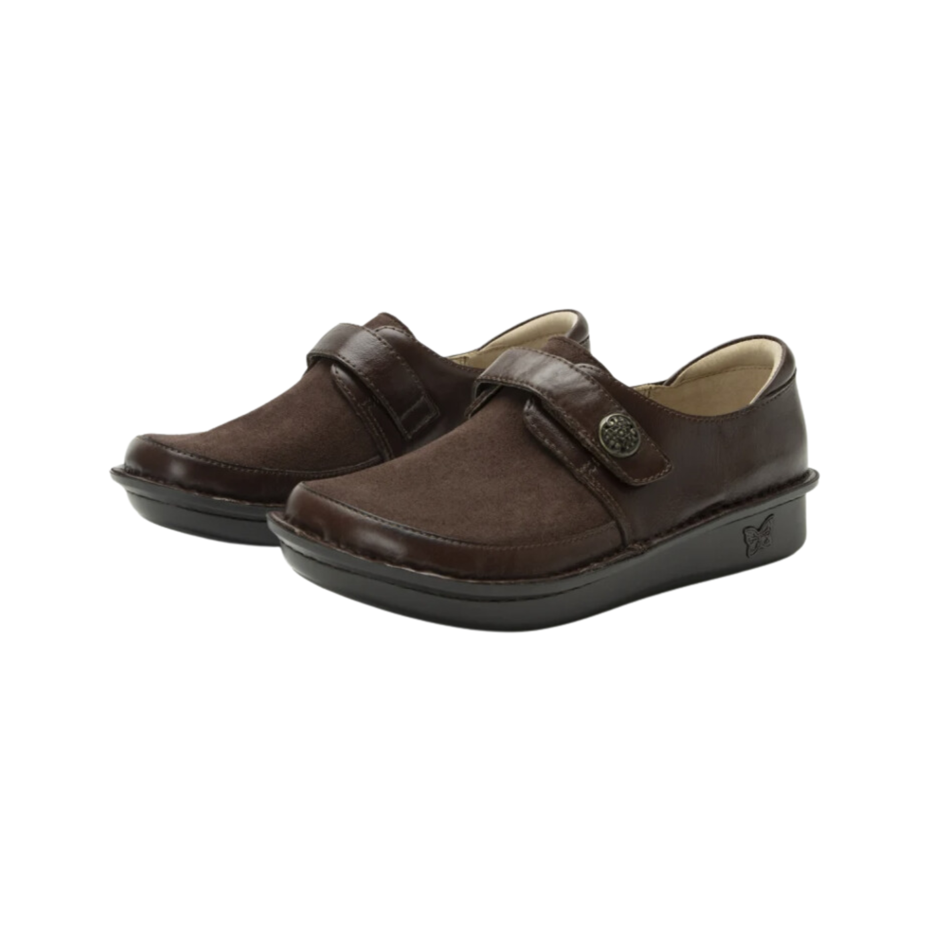 Alegria Women’s Brenna Slip-On in Choco Luster side view showcasing a premium oiled leather upper, supportive slip-on silhouette with dual elastic gores, mild rocker outsole, and slip-resistant rubber bottom designed for all-day comfort, stability, and professional wear.