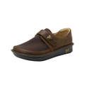 Alegria Women’s Brenna Slip-On in Oiled Brown side view showcasing a premium oiled leather upper, supportive slip-on silhouette with dual elastic gores, mild rocker outsole, and slip-resistant rubber bottom designed for all-day comfort, stability, and professional wear.