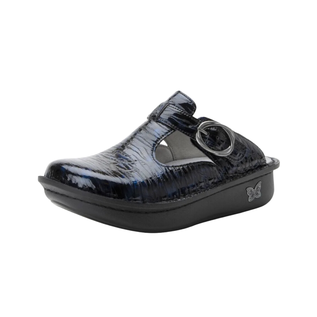 Alegria Women’s Classic in Ocean Surf side view showcasing the premium leather upper, adjustable buckle strap, signature rocker sole design, and slip-resistant outsole built for supportive comfort, stability, and all-day wear.