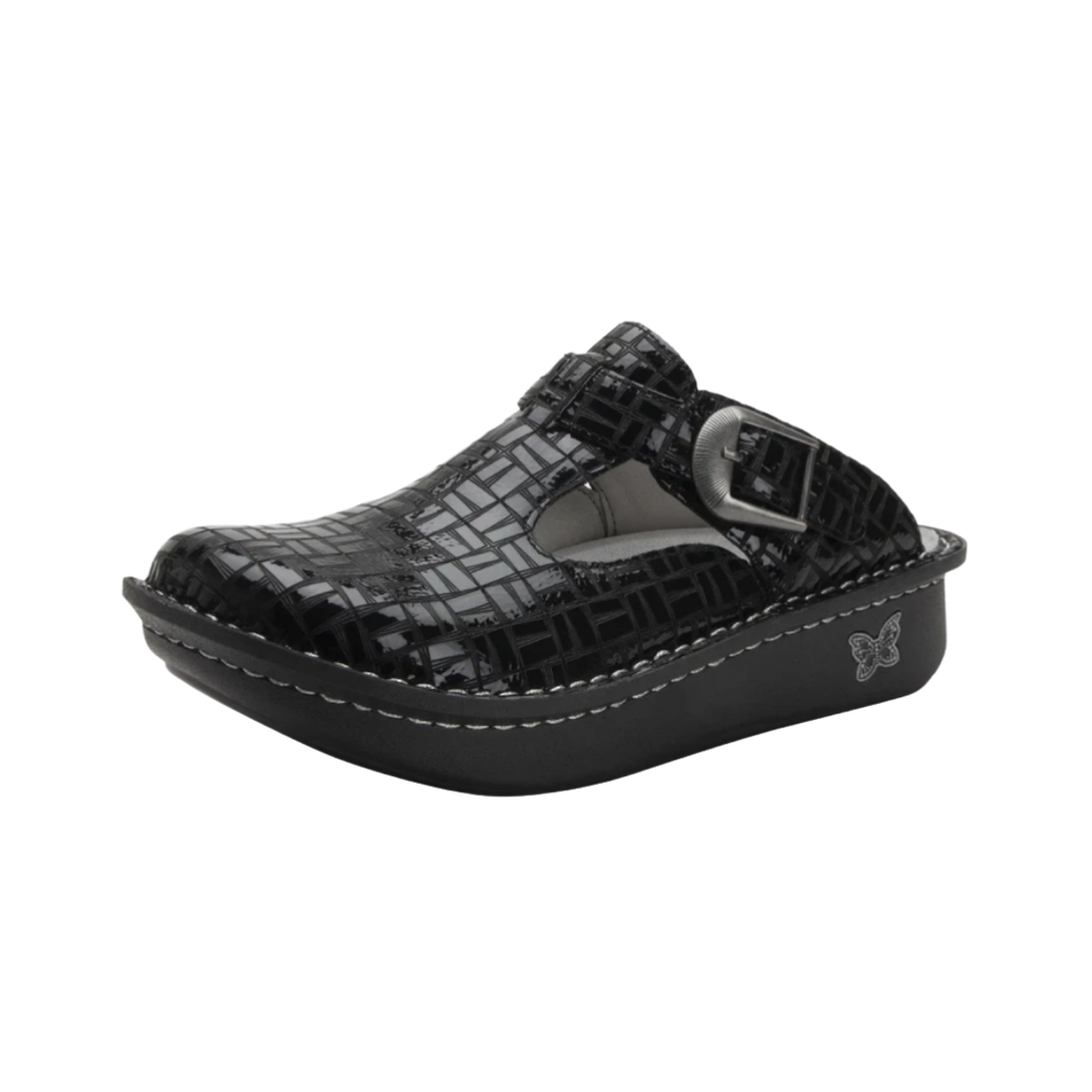 Alegria Women’s Classic in Score side view showcasing the premium leather upper, adjustable buckle strap, signature rocker sole design, and slip-resistant outsole built for supportive comfort, stability, and all-day wear.