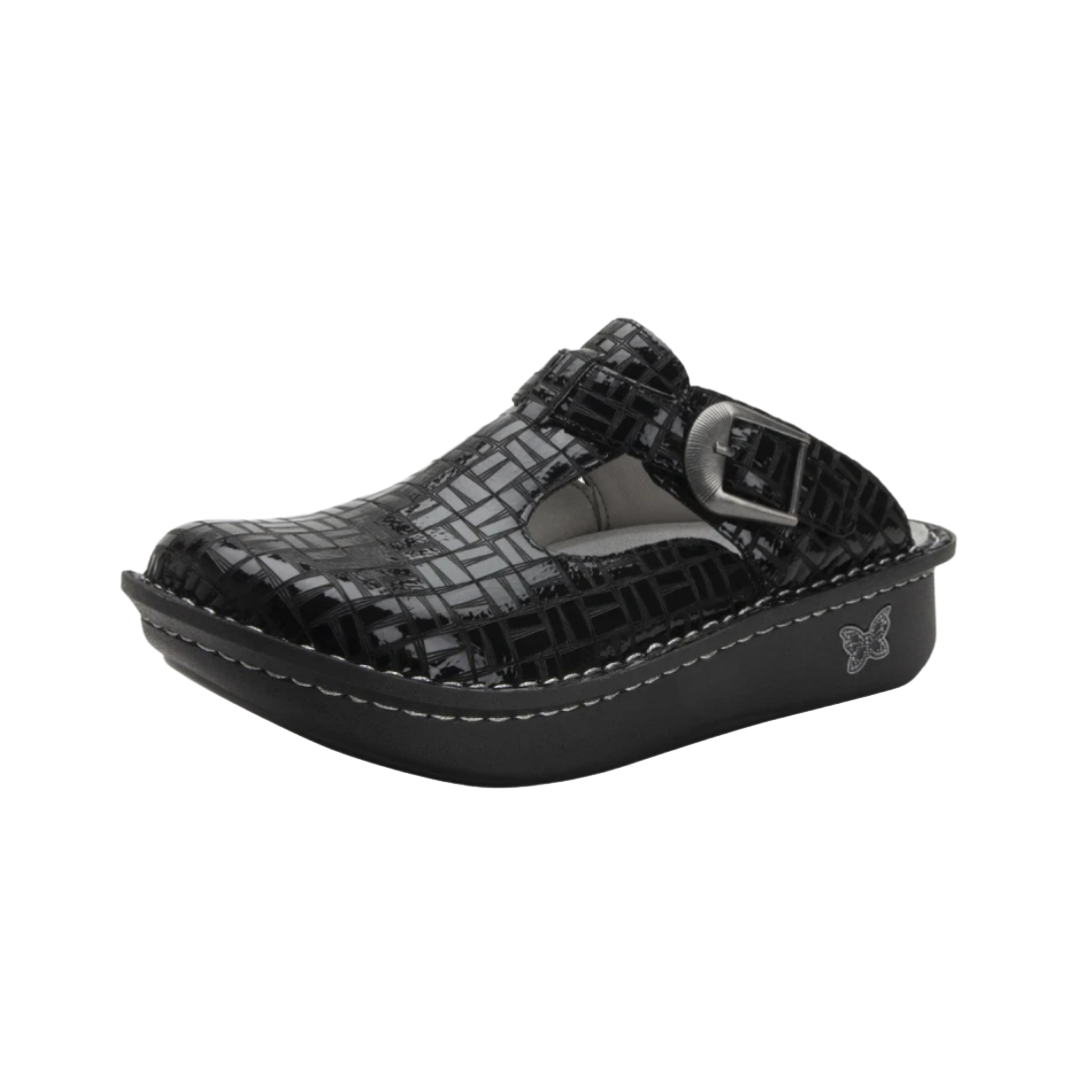 Alegria Women’s Classic in Score side view showcasing the premium leather upper, adjustable buckle strap, signature rocker sole design, and slip-resistant outsole built for supportive comfort, stability, and all-day wear.