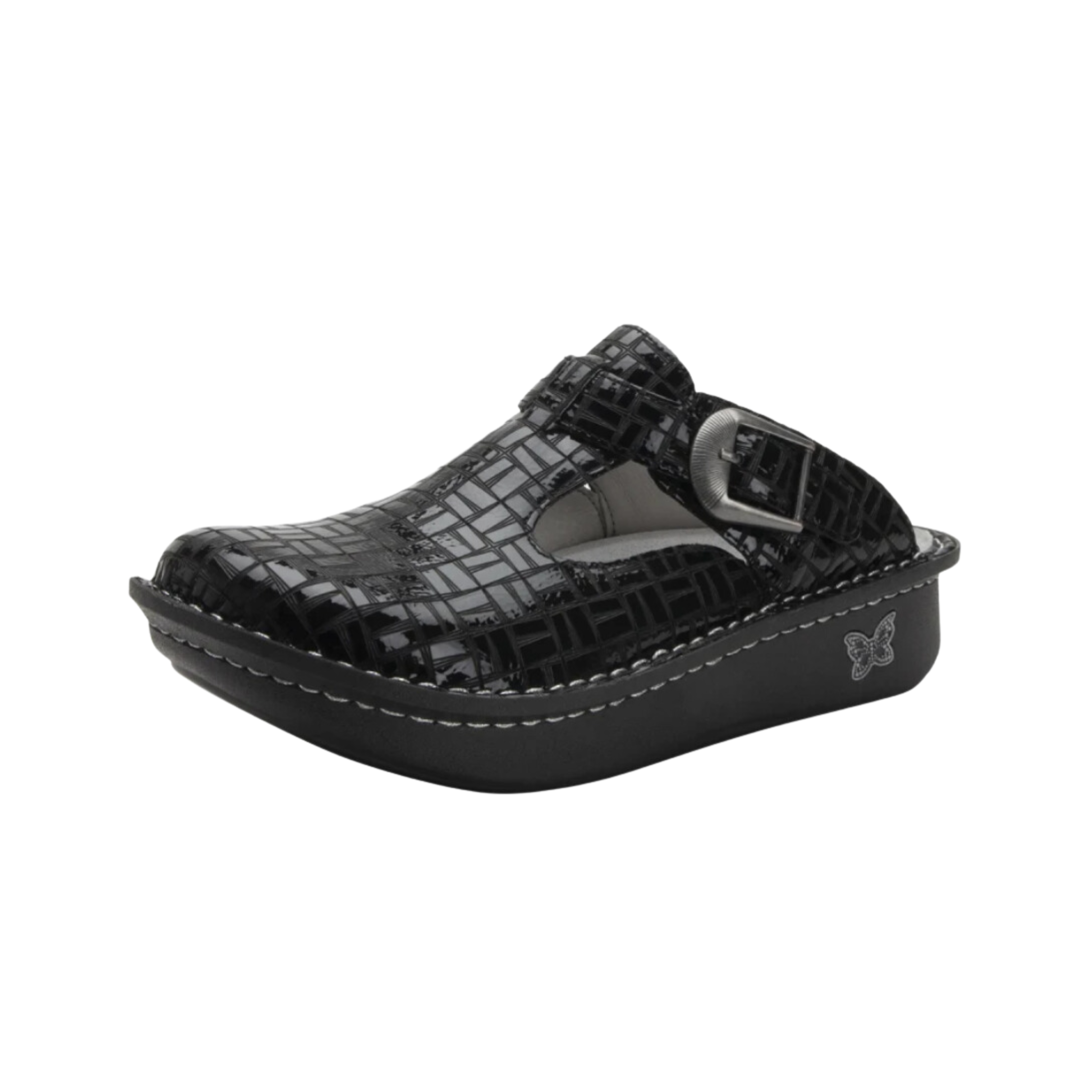 Side view of the Women’s Alegria Classic in Score, showcasing the premium leather upper, adjustable buckle strap, and signature Alegria removable footbed.