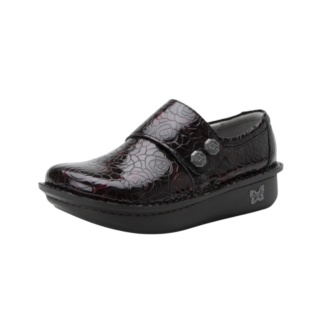 Side view of the Women’s Alegria Deliah in Winery, highlighting the smooth leather upper, double elastic side gores, and sleek slip-on design for all-day comfort.