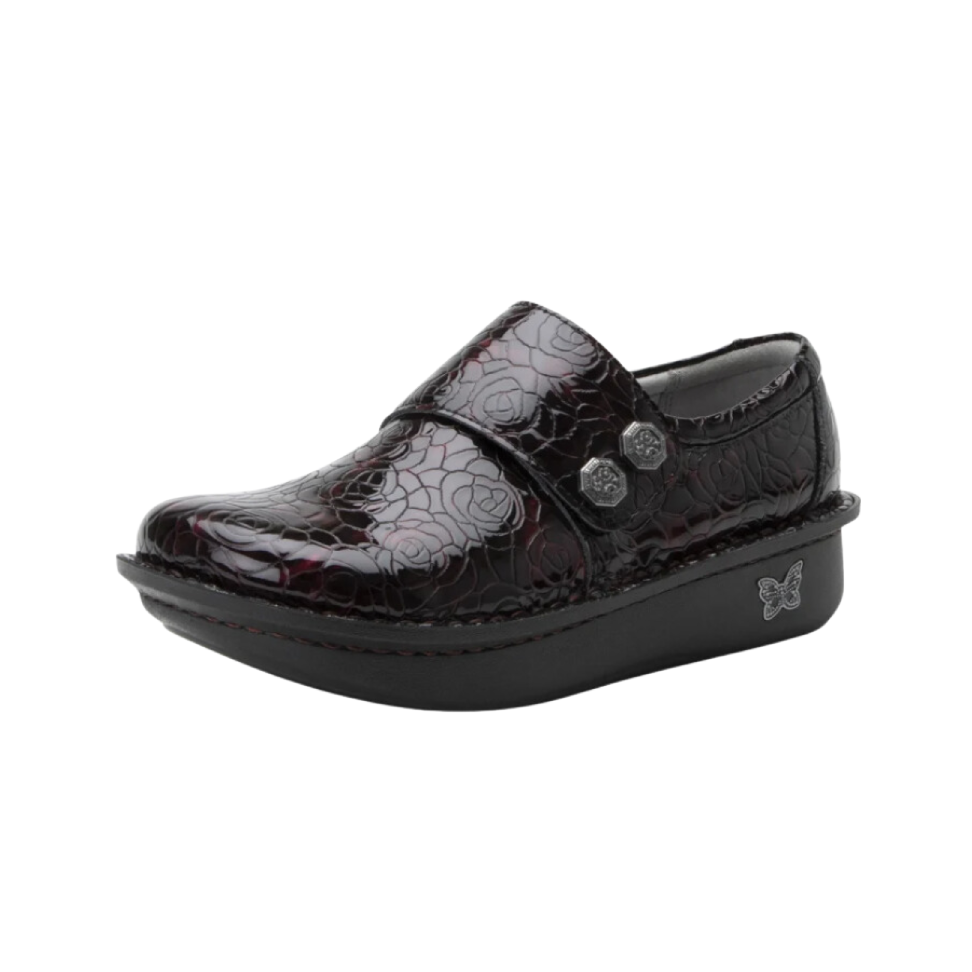Side view of the Women’s Alegria Deliah in Winery, highlighting the smooth leather upper, double elastic side gores, and sleek slip-on design for all-day comfort.