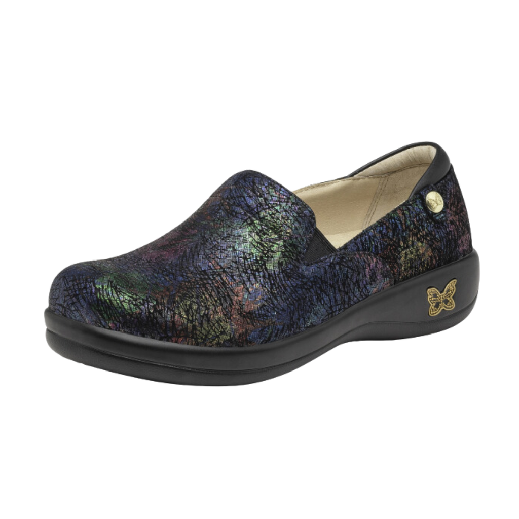 Side view of the Women’s Alegria Keli in Dynomite, highlighting the stain-resistant leather upper, mild rocker sole for natural motion, and slip-resistant outsole designed for long hours on your feet.