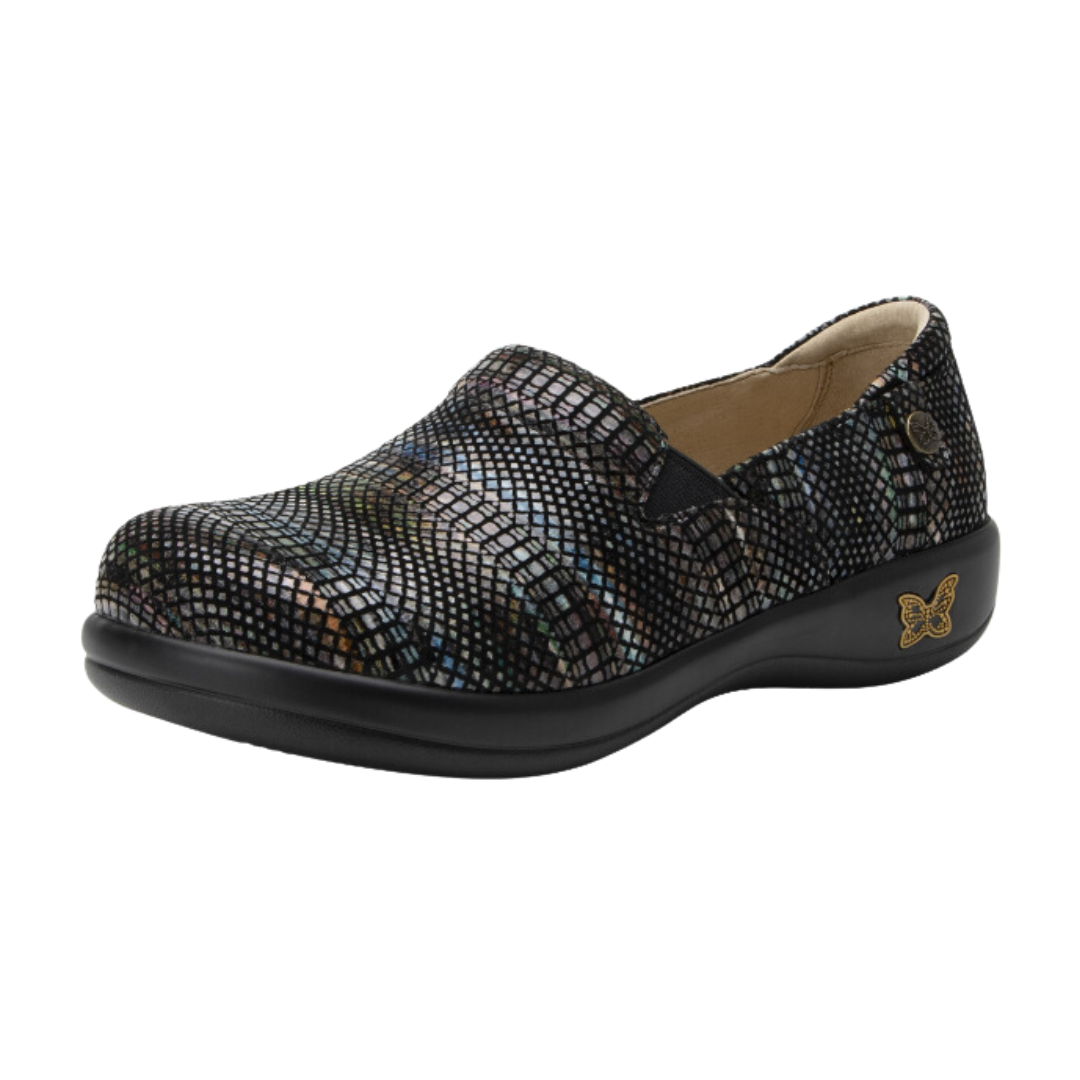 Side view of the Women’s Alegria Keli in Earthy Lux, highlighting the stain-resistant leather upper, mild rocker sole for natural motion, and slip-resistant outsole designed for long hours on your feet.