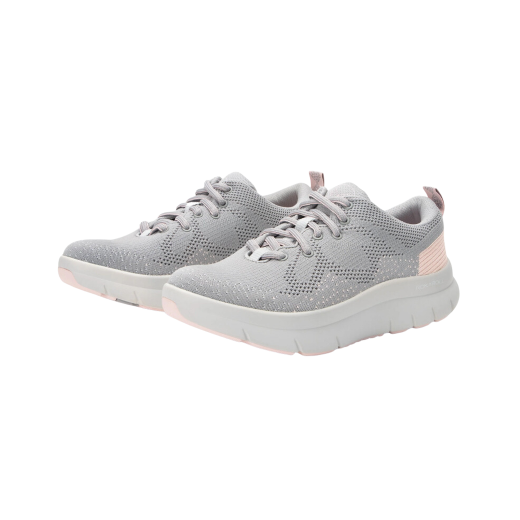 Alegria Women’s Roll On Lace-Up Sneaker in Sunset Snow side view showcasing the colorful Dream Knit™ upper, adjustable lace-up design, lightweight athletic silhouette, mild rocker outsole, and supportive comfort features designed for all-day walking and standing.