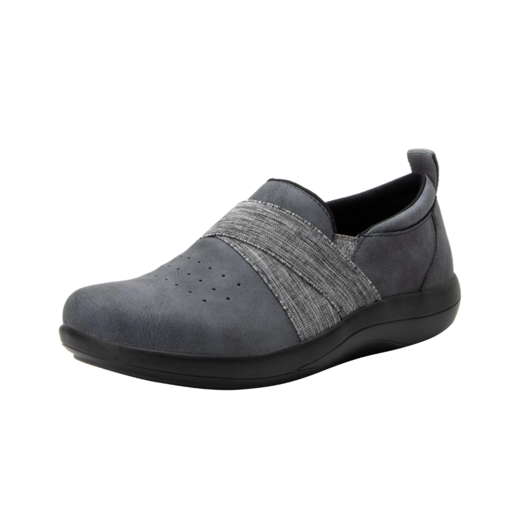 Alegria Women’s Savvie Slip-On Shoe in Cinder side view showcasing the genuine smooth leather upper, sleek low-profile silhouette, elastic twin gores, lightweight slip-resistant outsole, and supportive comfort technology designed for all-day wear.