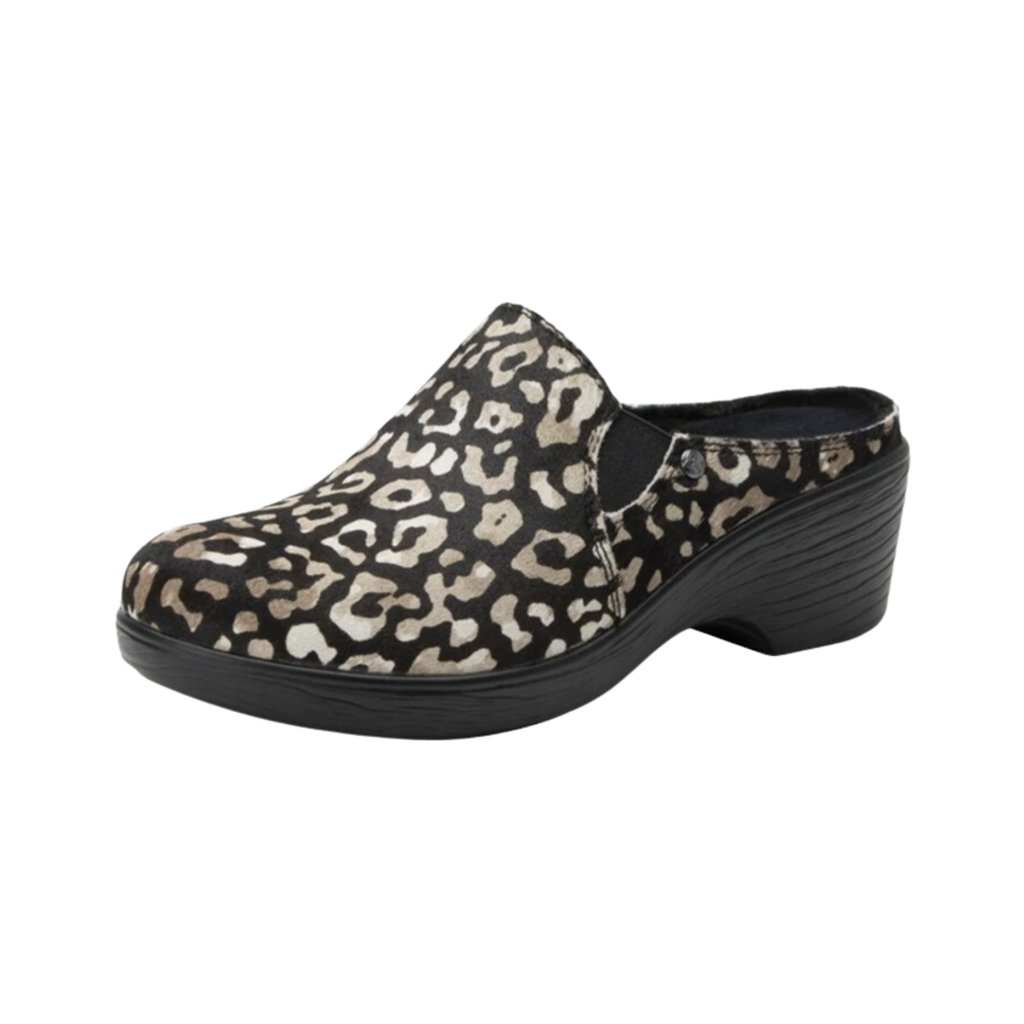 Side view of the Women’s Alegria Sereniti in Tundra, highlighting the supple leather upper, double elastic side goring, and sleek slip-on silhouette designed for all-day comfort.
