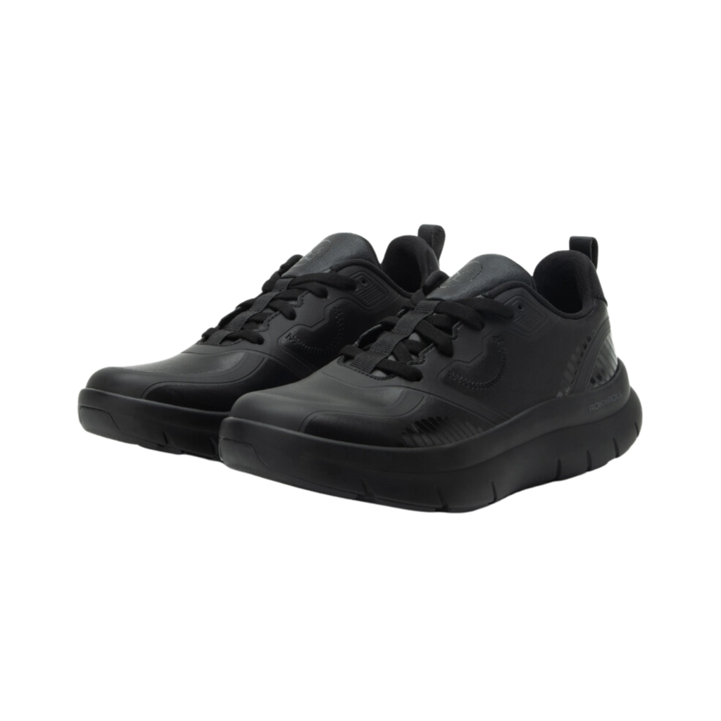 Side view of the Women’s Alegria Solstyce in Black Out, highlighting the breathable mesh upper, lace-up closure, and sleek athletic silhouette designed for all-day comfort and support.