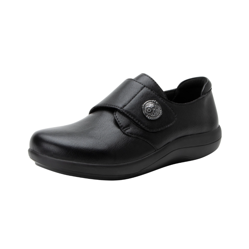 Alegria Women’s Spright Slip-On Shoe in Black Smooth side view showcasing the premium smooth upper, Dream Fit® knit fabric panels, elastic stretch slip-on design, lightweight construction, mild rocker sole, and slip-resistant outsole for comfortable everyday support.