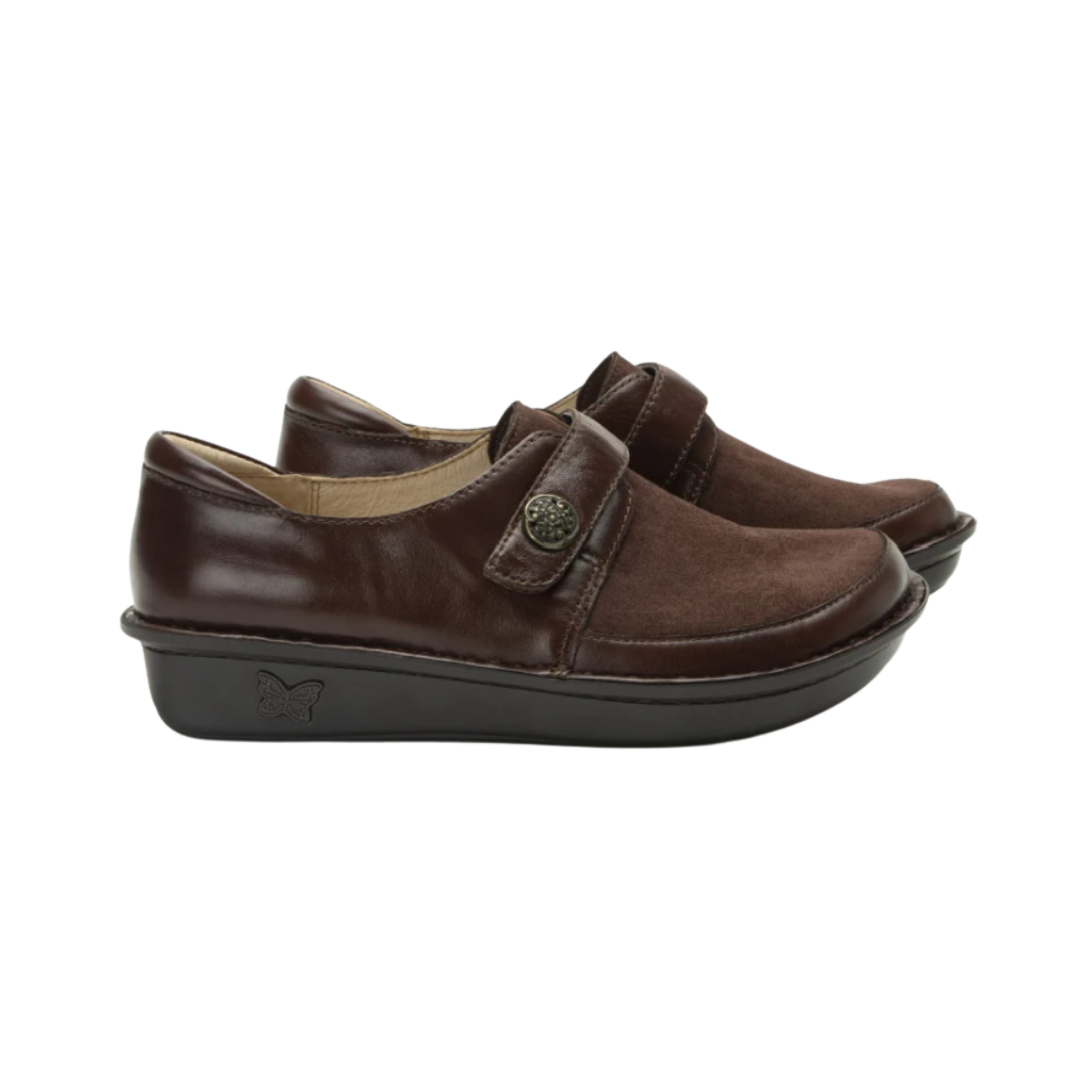 Alegria Women’s Brenna Slip-On in Choco Luster side view showcasing a premium oiled leather upper, supportive slip-on silhouette with dual elastic gores, mild rocker outsole, and slip-resistant rubber bottom designed for all-day comfort, stability, and professional wear.