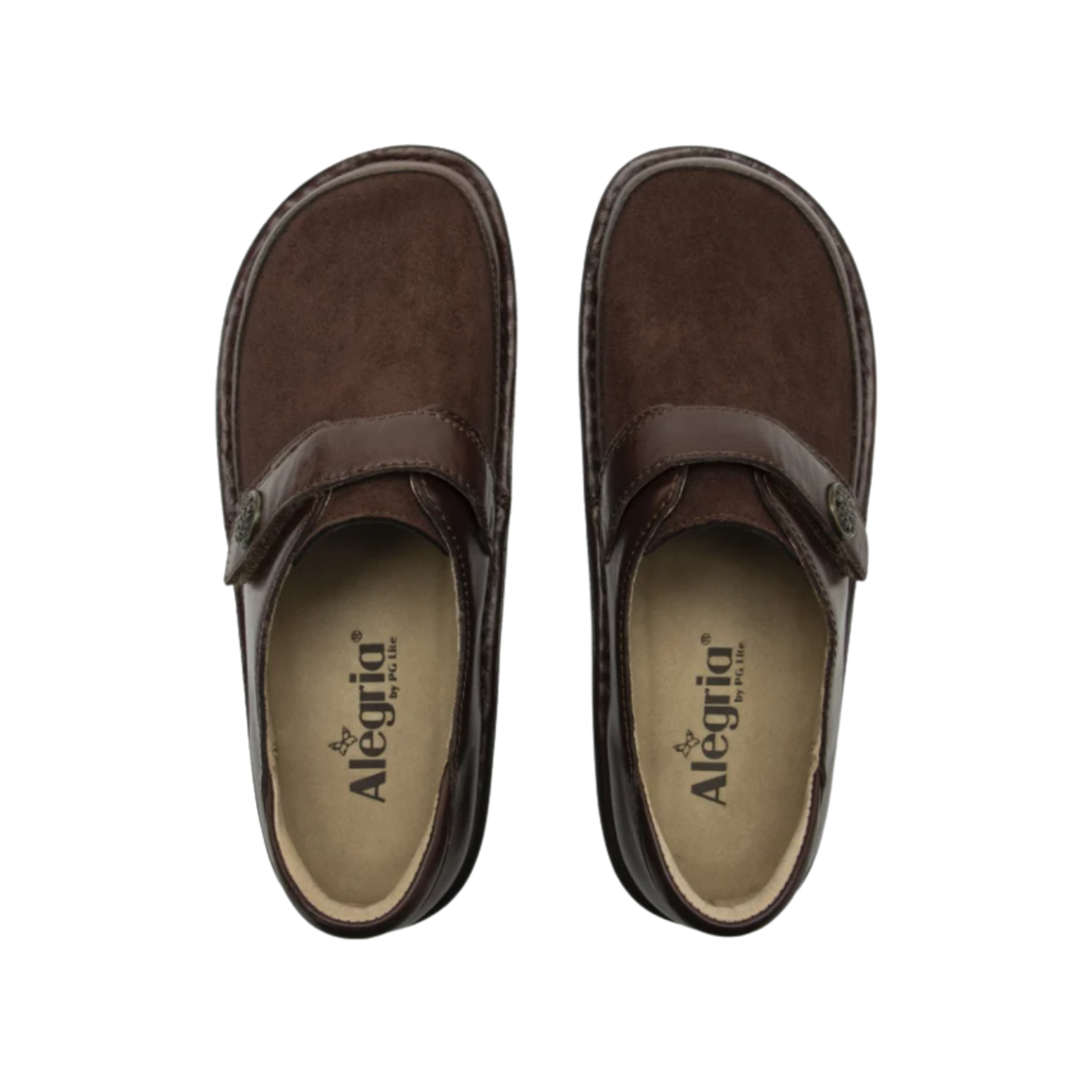 Alegria Women’s Brenna Slip-On in Choco Luster top view showcasing the smooth oiled leather upper, dual elastic gores for flexible entry, removable cushioned Alegria footbed, and roomy interior designed for arch and heel support throughout the day.