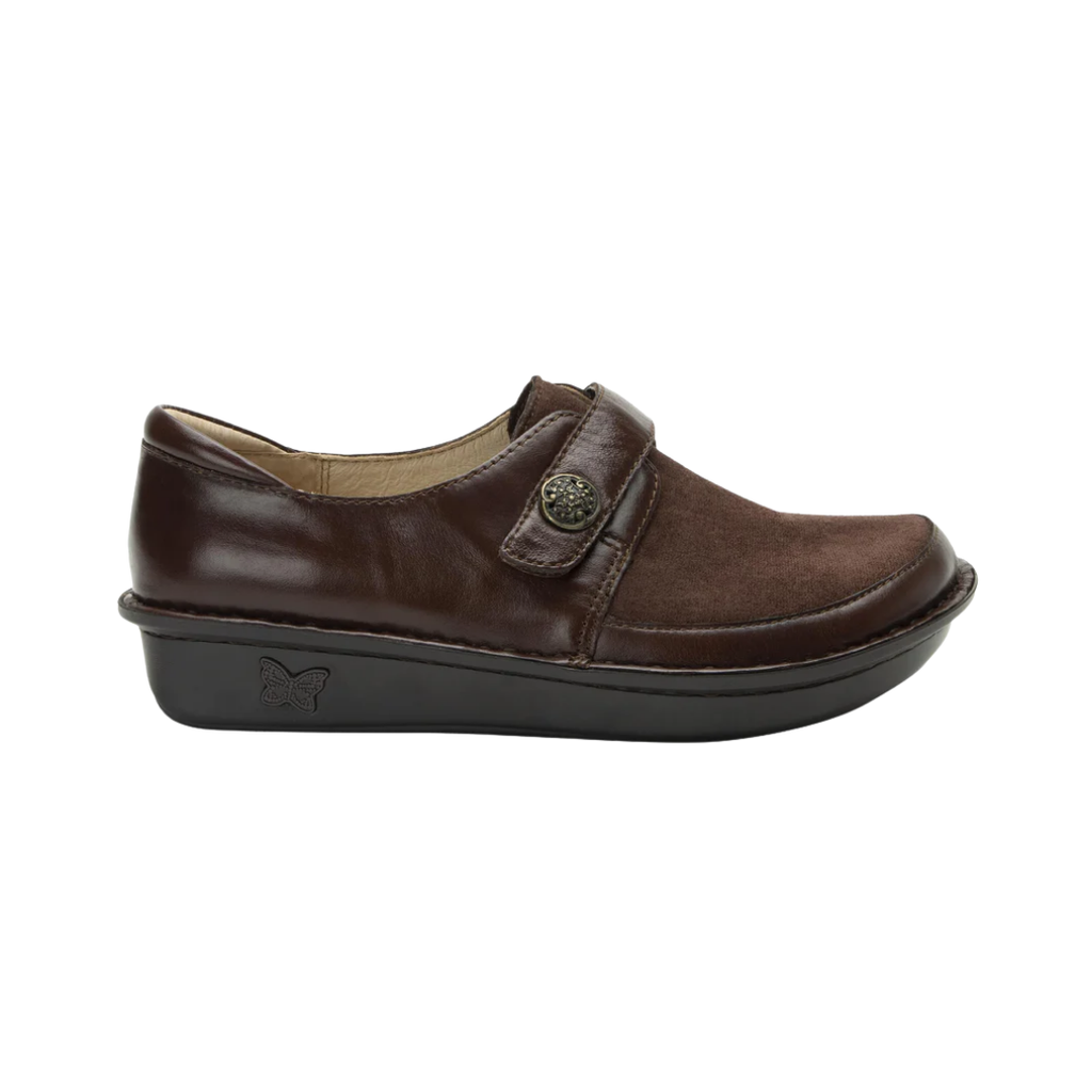 Alegria Women’s Brenna Slip-On in Oiled Brown side view showcasing a premium oiled leather upper, supportive slip-on silhouette with dual elastic gores, mild rocker outsole, and slip-resistant rubber bottom designed for all-day comfort, stability, and professional wear.
