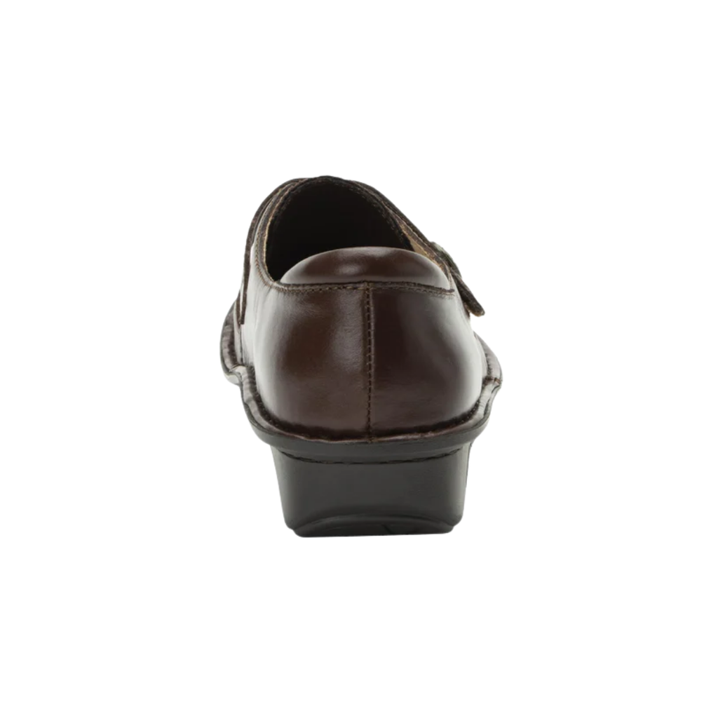 Alegria Women’s Brenna Slip-On in Oiled Brown rear heel view displaying a structured heel counter, cushioned collar for added comfort, durable stitched leather construction, and a stable slip-resistant outsole built for long hours on your feet.