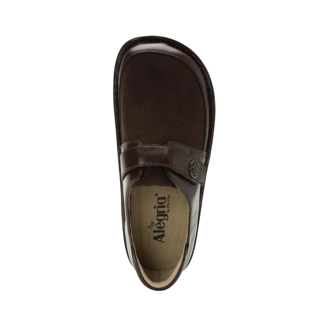 Alegria Women’s Brenna Slip-On in Oiled Brown top view showcasing the smooth oiled leather upper, dual elastic gores for flexible entry, removable cushioned Alegria footbed, and roomy interior designed for arch and heel support throughout the day.