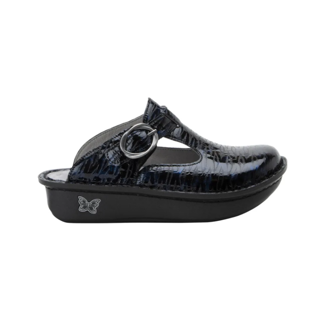 Alegria Women’s Classic in Ocean Surf side view showcasing the premium leather upper, adjustable buckle strap, signature rocker sole design, and slip-resistant outsole built for supportive comfort, stability, and all-day wear.