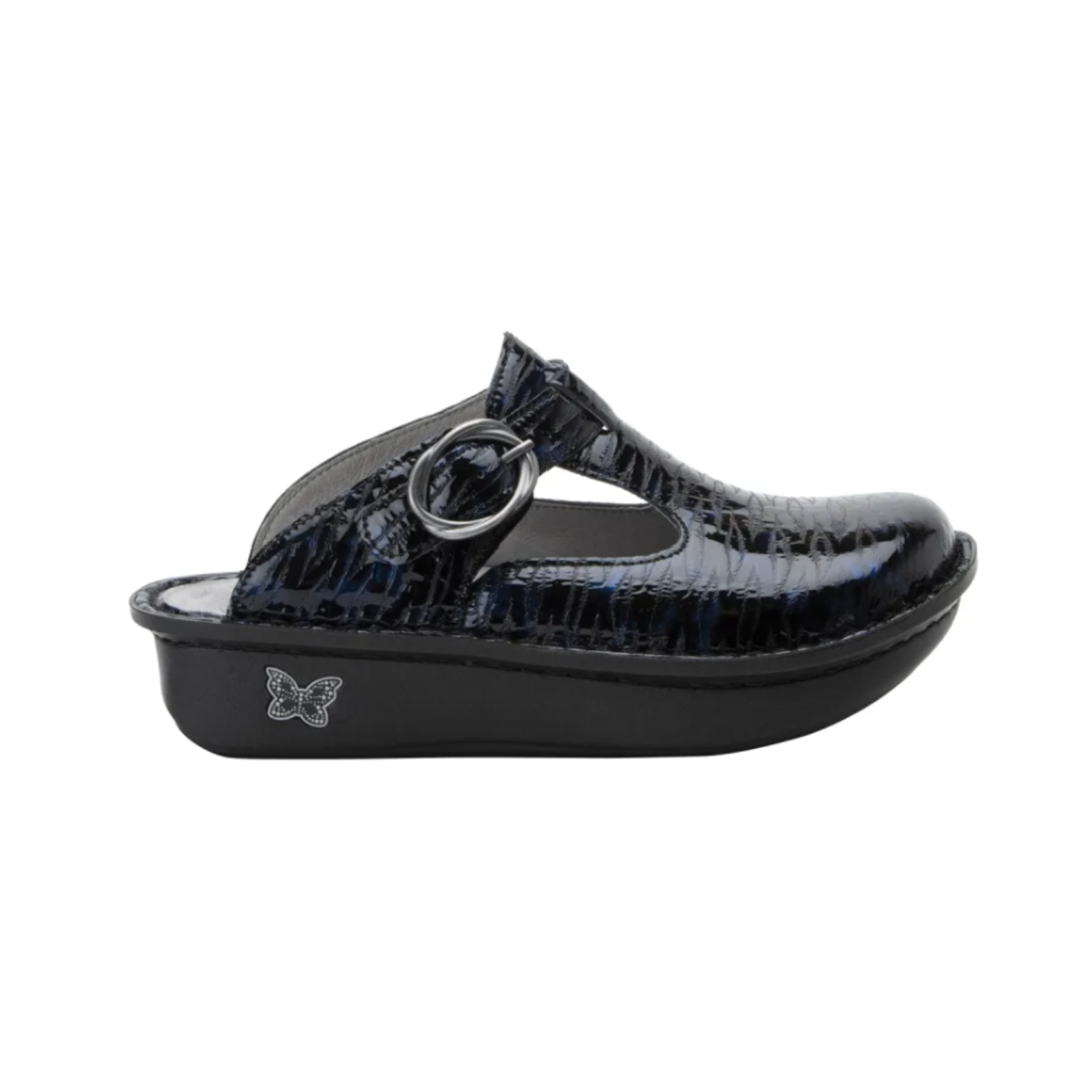 Alegria Women’s Classic in Ocean Surf side view showcasing the premium leather upper, adjustable buckle strap, signature rocker sole design, and slip-resistant outsole built for supportive comfort, stability, and all-day wear.