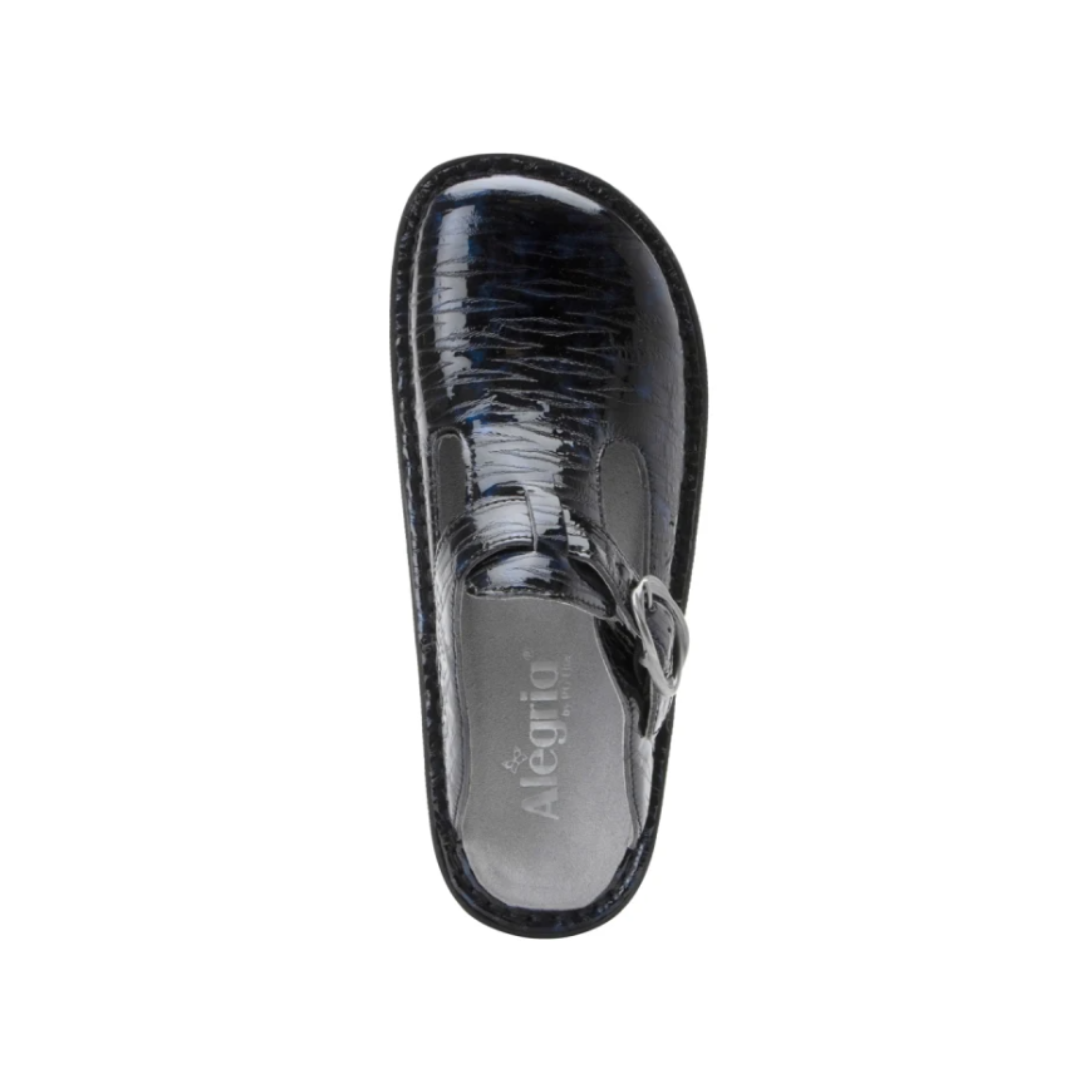 Alegria Women’s Classic in Ocean Surf top view showcasing the premium leather upper, adjustable buckle closure, spacious foot opening, removable Alegria footbed, and supportive interior featuring memory foam, cork, and polyurethane cushioning.