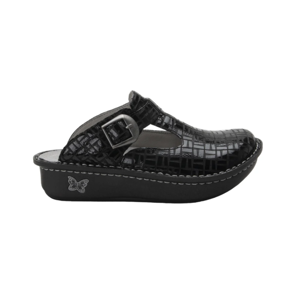 Side view of the Women’s Alegria Classic in Score, showcasing the premium leather upper, adjustable buckle strap, and signature Alegria removable footbed.