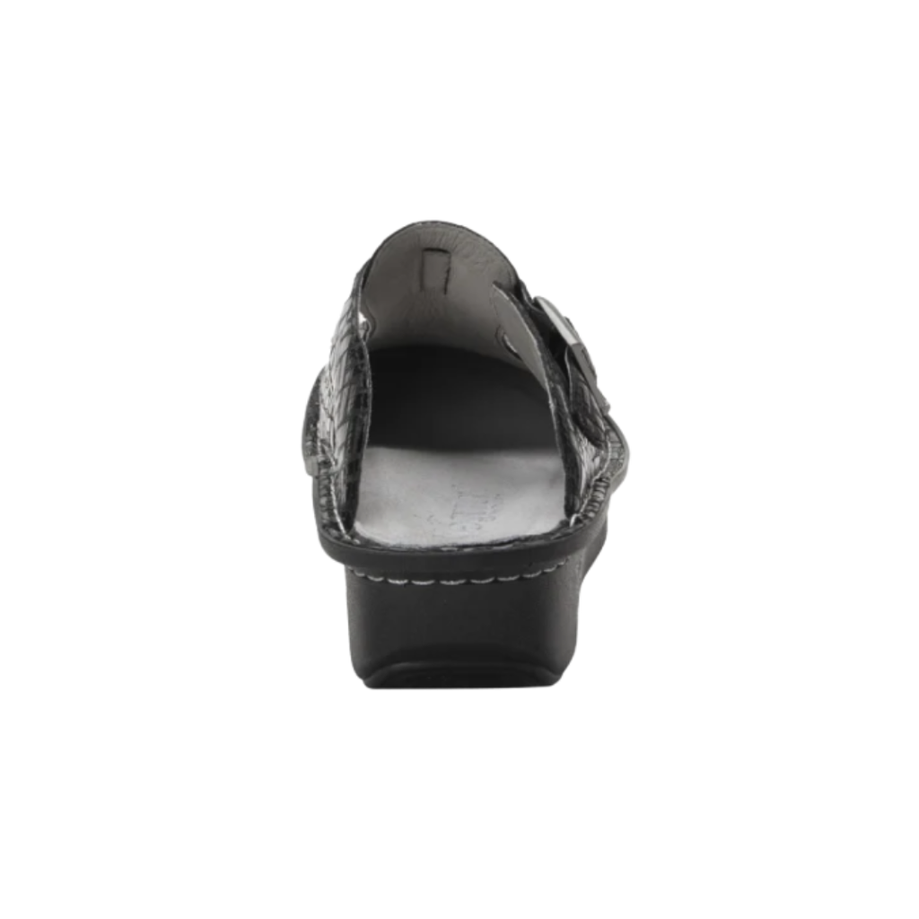 Heel view of the Women’s Alegria Classic in Score, featuring the mild rocker sole and padded heel for stability and comfort.