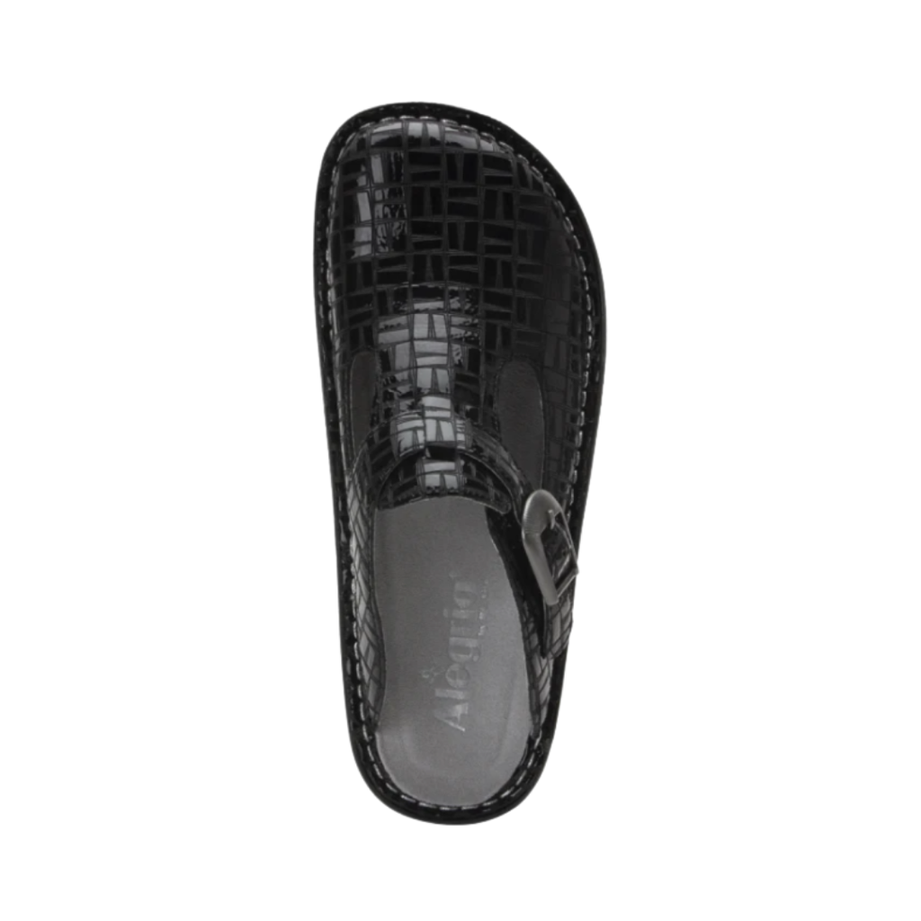 Top view of the Women’s Alegria Classic in Score, displaying the adjustable buckle strap, memory foam footbed, and classic leather design.