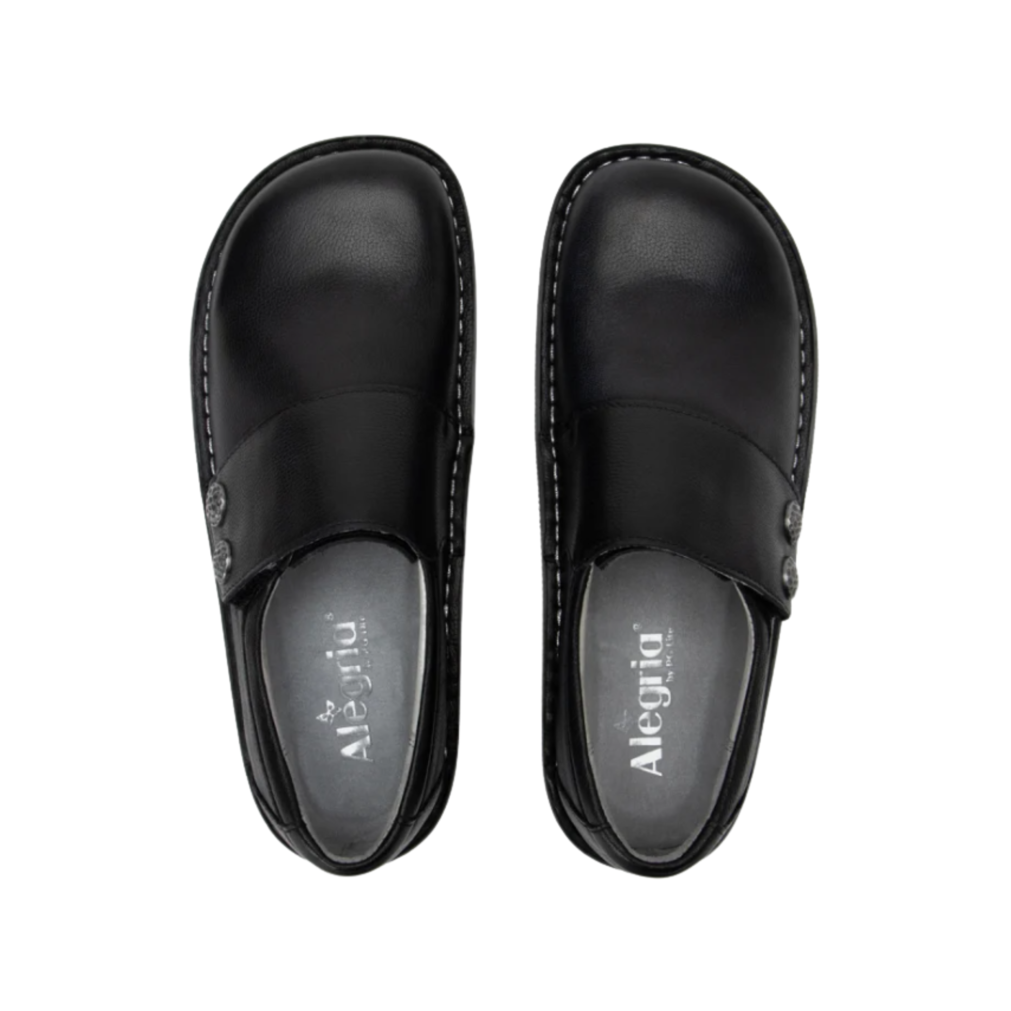 Alegria Women’s Deliah Slip-On Shoe in Upgrade Black top view showcasing the smooth leather upper, dual elastic side gores for a flexible fit, spacious foot opening, and removable Alegria footbed with cork, polyurethane, and memory foam cushioning.