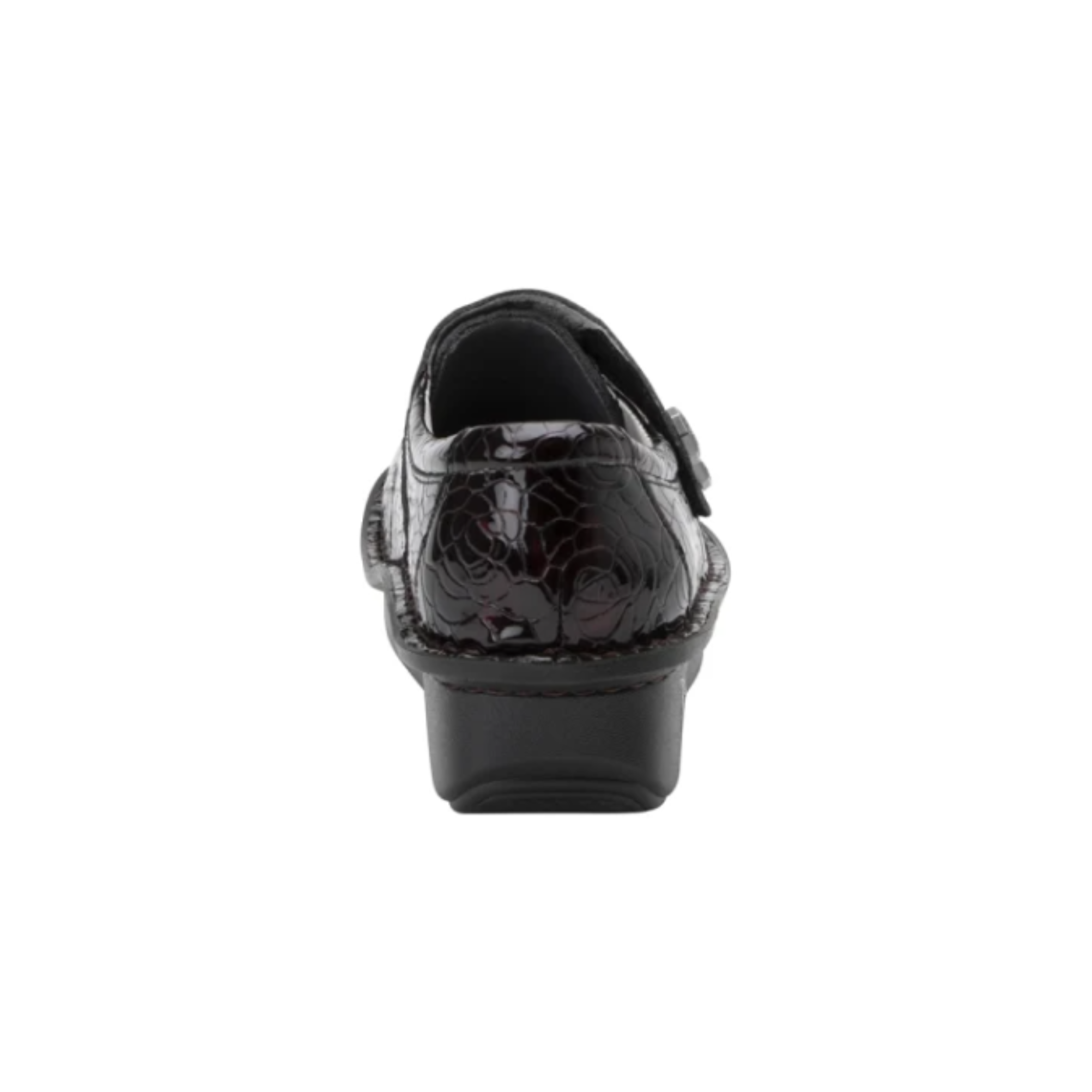 Heel view of the Women’s Alegria Deliah in Winery, featuring the padded collar, mild rocker bottom, and supportive heel structure.