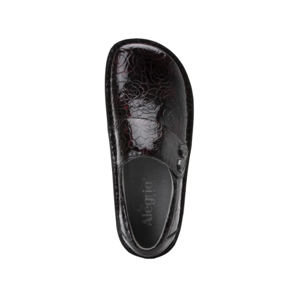Top view of the Women’s Alegria Deliah in Winery, displaying the double elastic gores, cushioned removable footbed, and smooth leather upper.