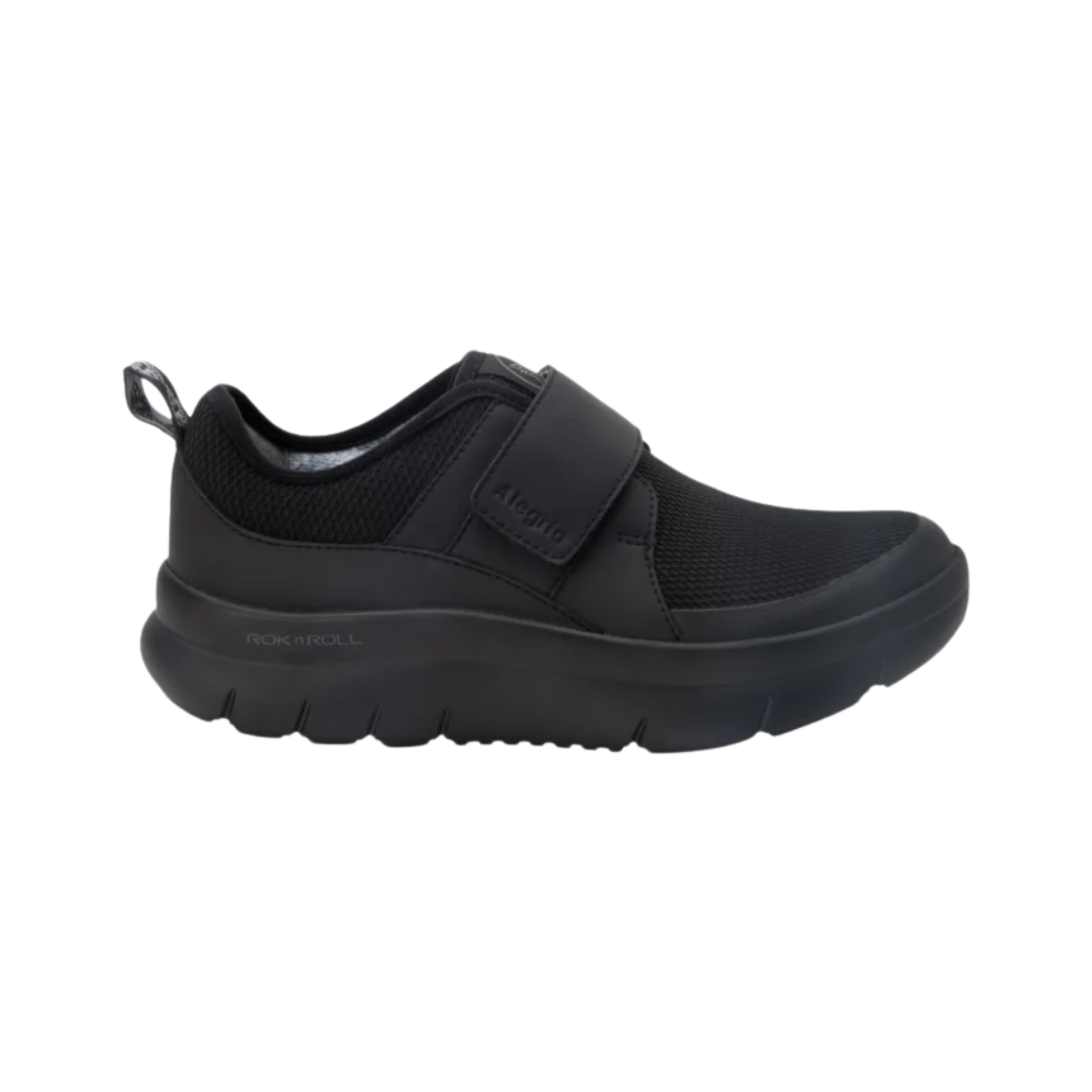 Alegria Women’s Double Trouble Slip-On in Black Mesh side view showcasing the breathable mesh upper, dual elastic gores, low-profile athleisure design, lightweight flexible outsole, and supportive Alegria comfort technology for all-day wear.