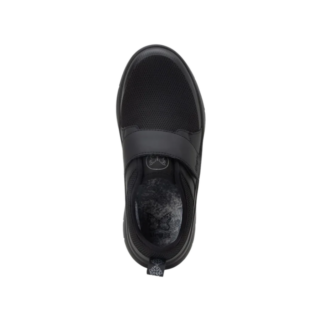 Alegria Women’s Double Trouble Slip-On in Black Mesh top view showcasing the breathable mesh upper, dual elastic gores for easy on and off, padded tongue and collar, and removable cushioned Alegria footbed designed for arch and heel support.