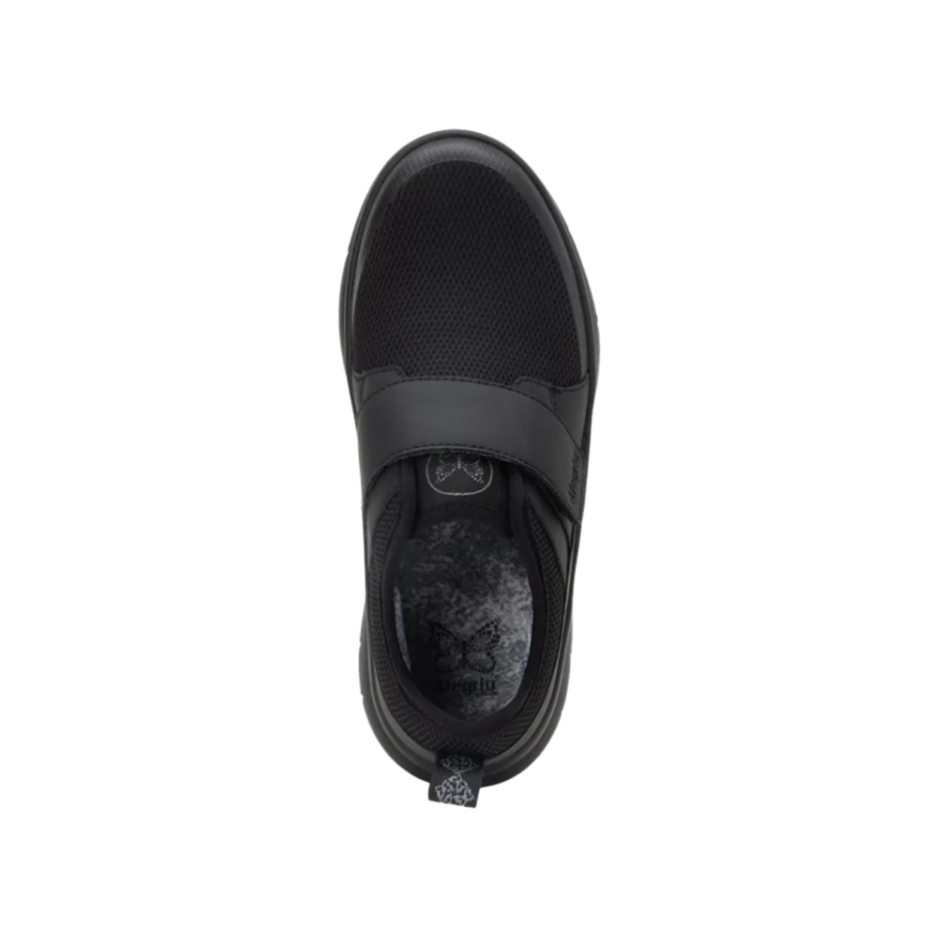 Alegria Women’s Double Trouble Slip-On in Black Mesh top view showcasing the breathable mesh upper, dual elastic gores for easy on and off, padded tongue and collar, and removable cushioned Alegria footbed designed for arch and heel support.