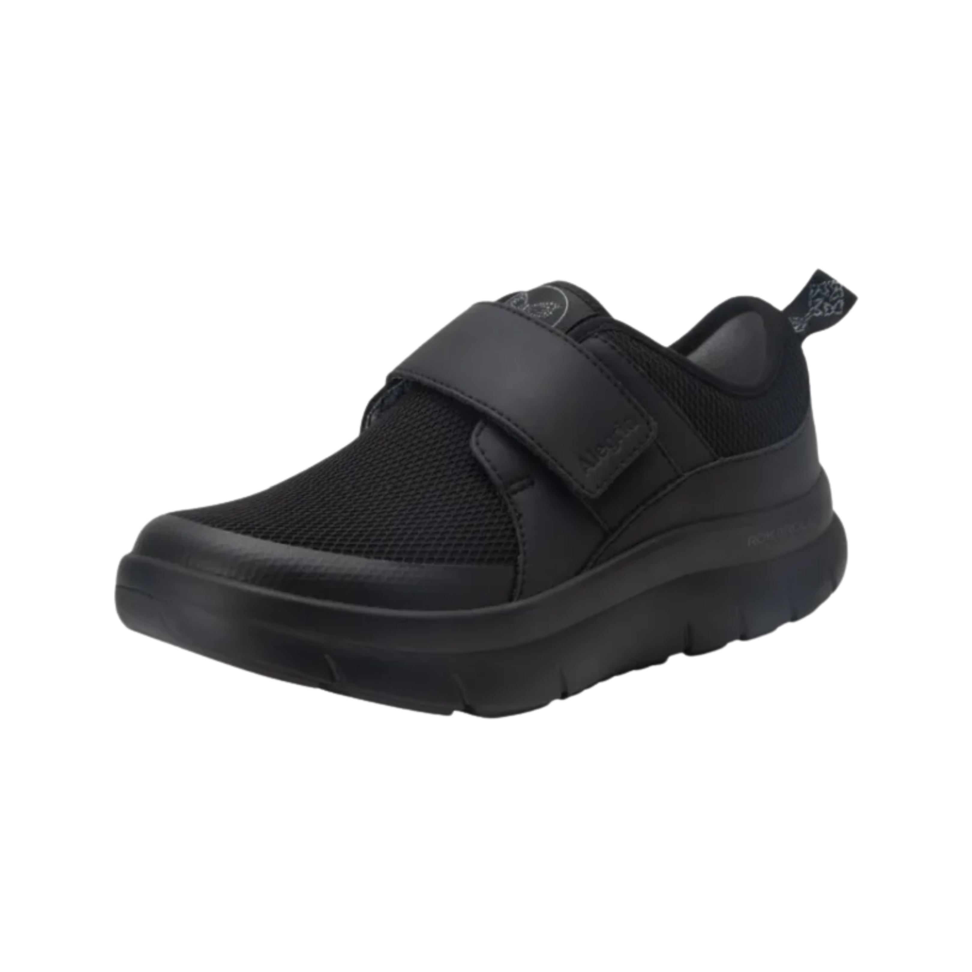 Alegria Women’s Double Trouble Slip-On in Black Mesh side view showcasing the breathable mesh upper, dual elastic gores, low-profile athleisure design, lightweight flexible outsole, and supportive Alegria comfort technology for all-day wear.