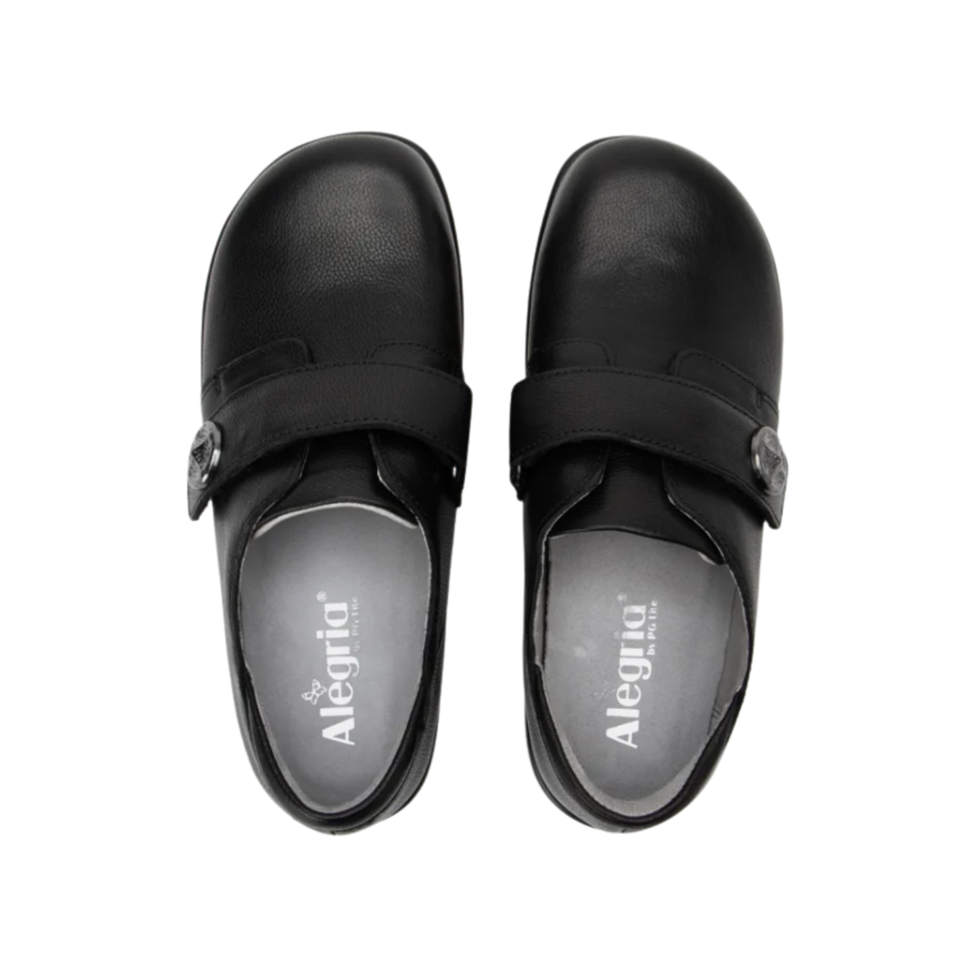 Alegria Women’s Joleen Slip-On Shoe in Upgrade Black top view showcasing the premium leather upper, hook-and-loop strap with decorative button, spacious foot opening, soft lining, and removable Alegria footbed featuring cork, memory foam, and polyurethane cushioning.