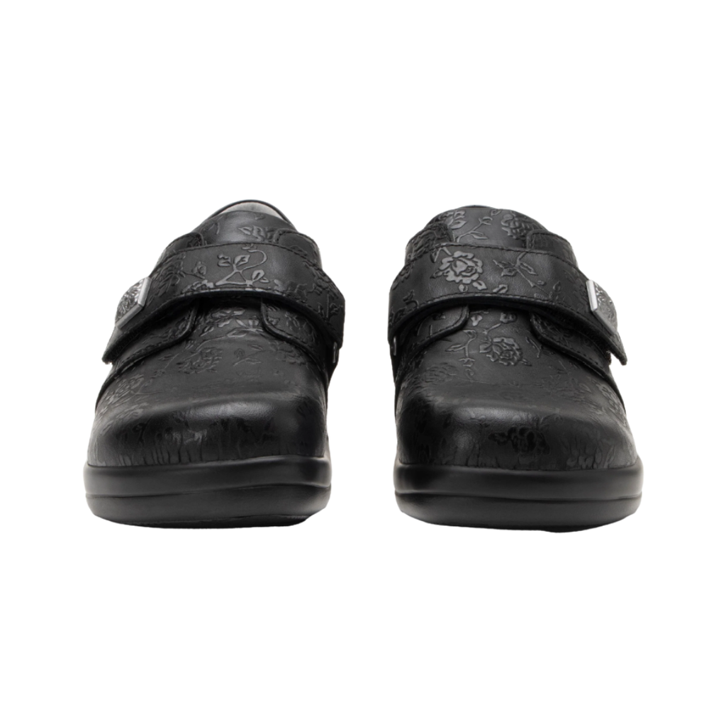 Alegria Women’s Joleen Slip-On Shoe in Class Act front view highlighting the roomy rounded toe box, smooth leather upper, adjustable strap closure, and supportive silhouette designed to provide extra comfort for bunions, hammertoes, and sensitive forefoot areas.