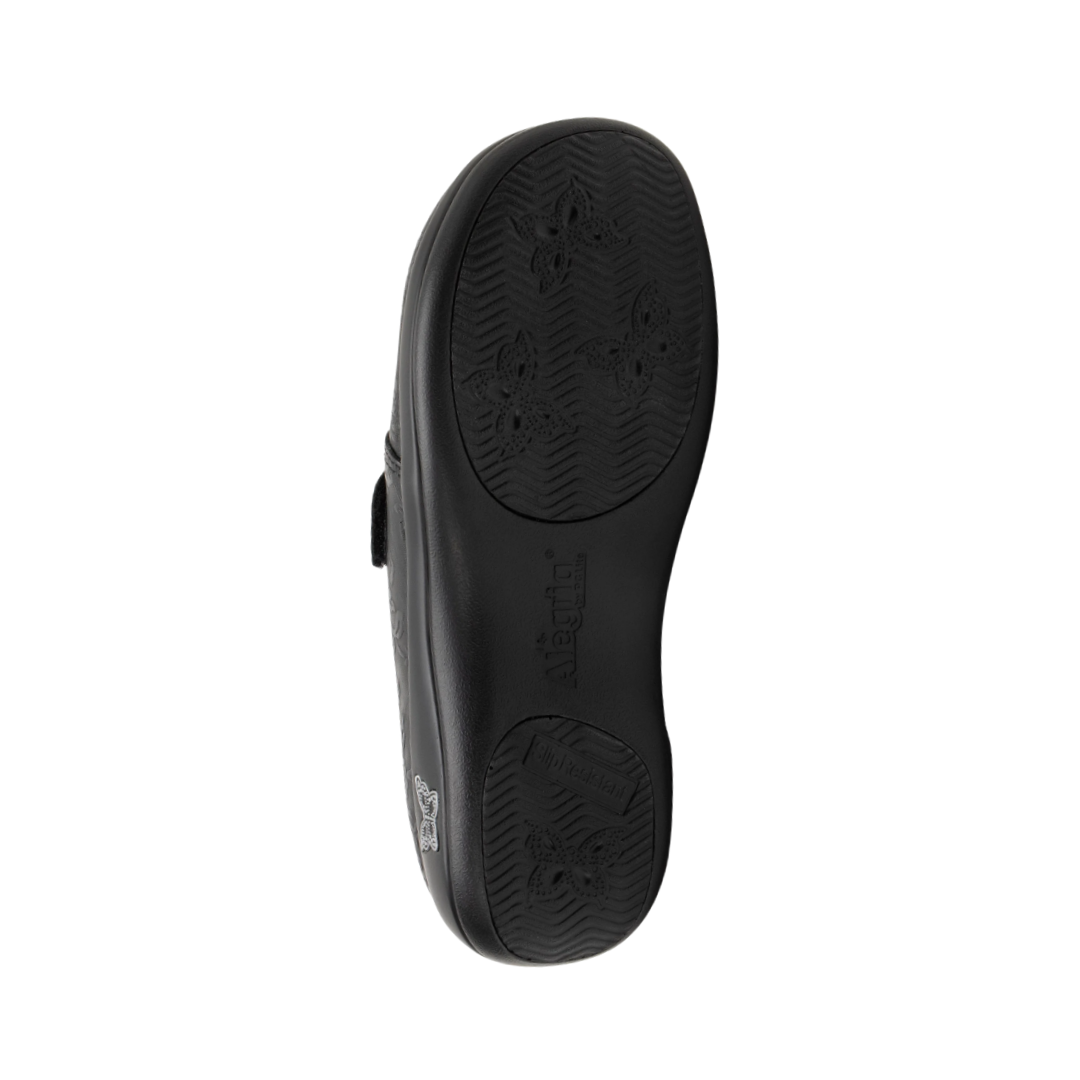 Alegria Women’s Joleen Slip-On Shoe in Class Act bottom view featuring the slip-resistant mild rocker outsole designed to encourage natural walking motion, improve traction, and help reduce pressure on feet and joints throughout the day.