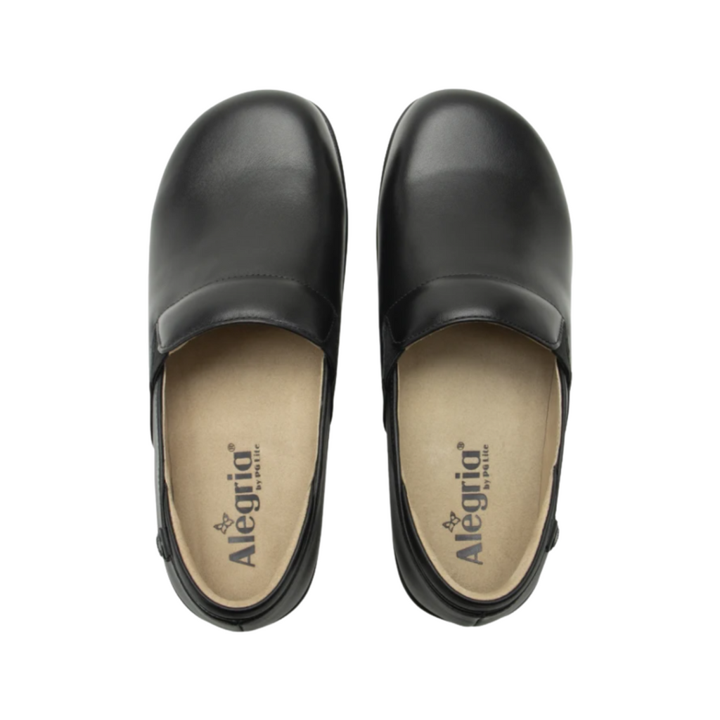 Alegria Women’s Keli Slip-On Shoe in Black Nappa top view showcasing the textured embossed leather upper, twin elastic goring for easy on and off, removable Alegria footbed with cork, memory foam, and latex cushioning, and a spacious interior for supportive wear.
