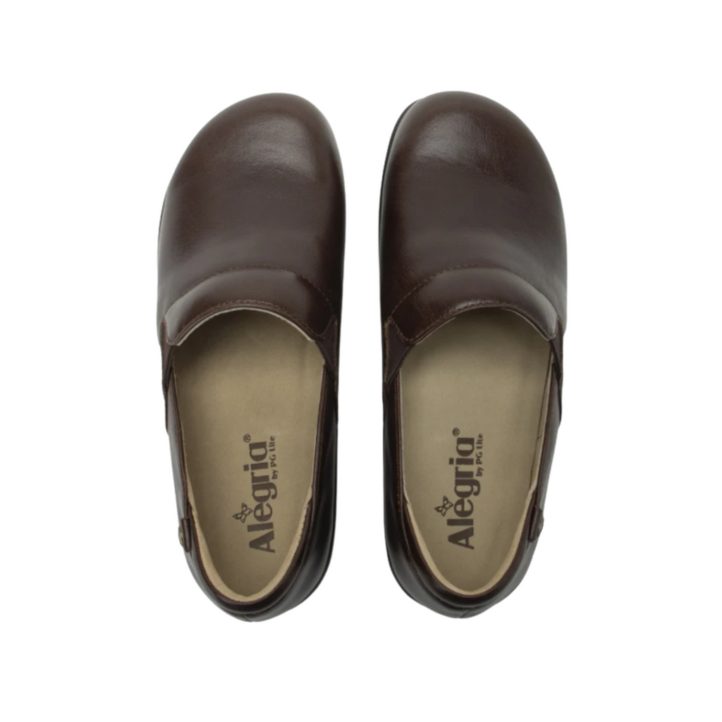 Alegria Women’s Keli Slip-On Shoe in Choco Luster top view showcasing the premium stain-resistant leather upper, twin elastic goring for easy on and off, removable Alegria footbed with cork, memory foam, and latex cushioning, and a spacious interior for exceptional arch support.