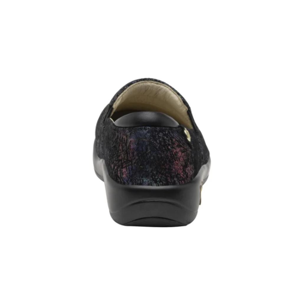 Heel view of the Women’s Alegria Keli in Dynomite, featuring the supportive heel structure, padded collar, and slip-resistant outsole for stability on slick surfaces.