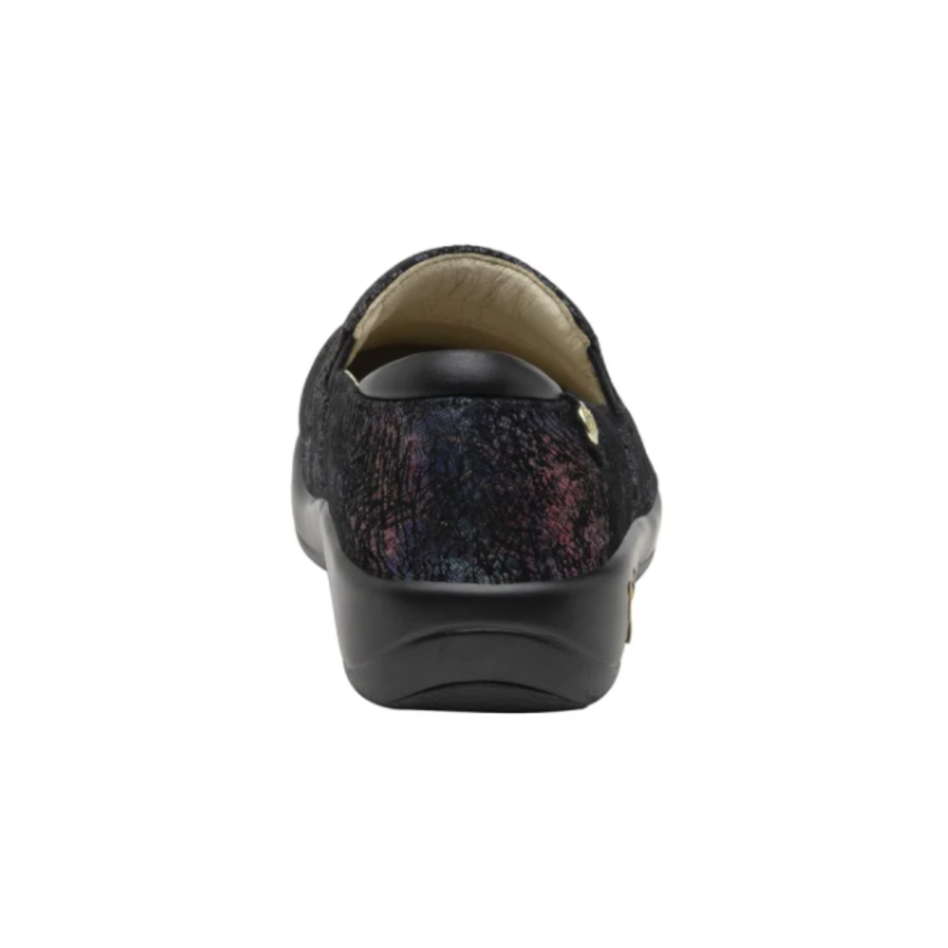 Heel view of the Women’s Alegria Keli in Dynomite, featuring the supportive heel structure, padded collar, and slip-resistant outsole for stability on slick surfaces.