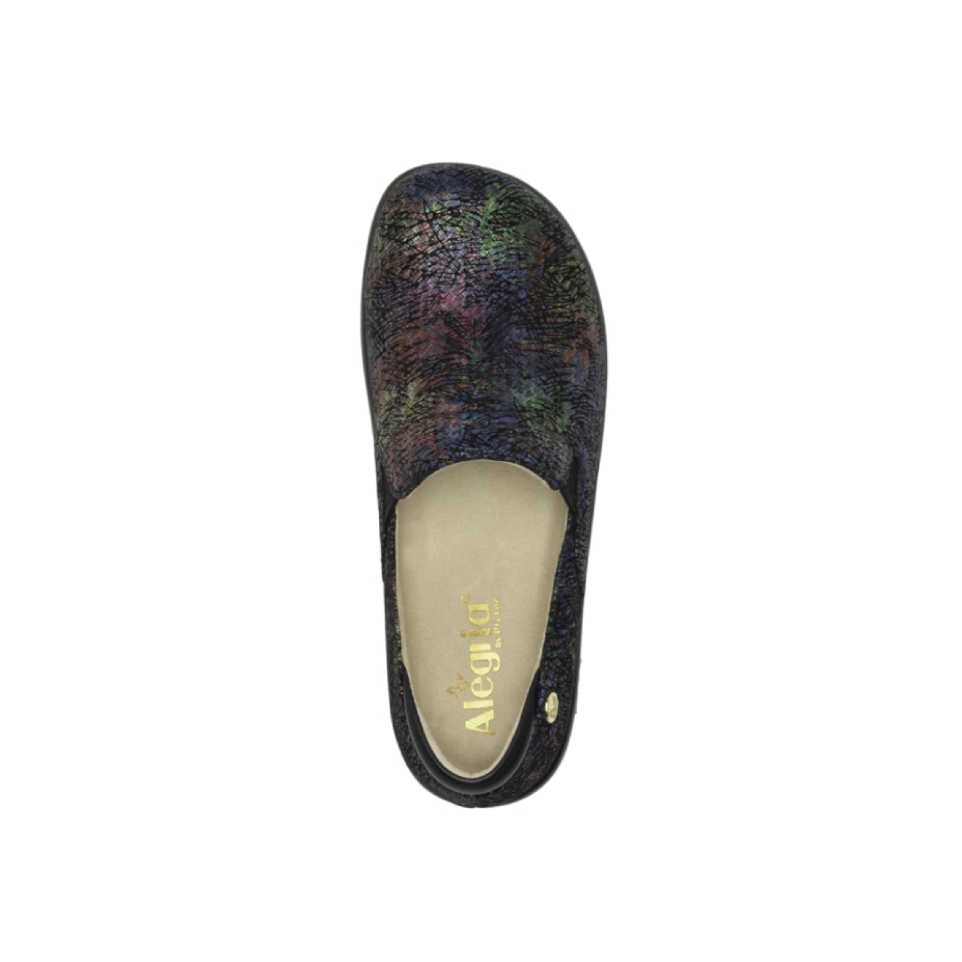 Top view of the Women’s Alegria Keli in Dynomite, displaying the slip-on design with twin goring, cushioned removable footbed, and supportive interior for all-day comfort.
