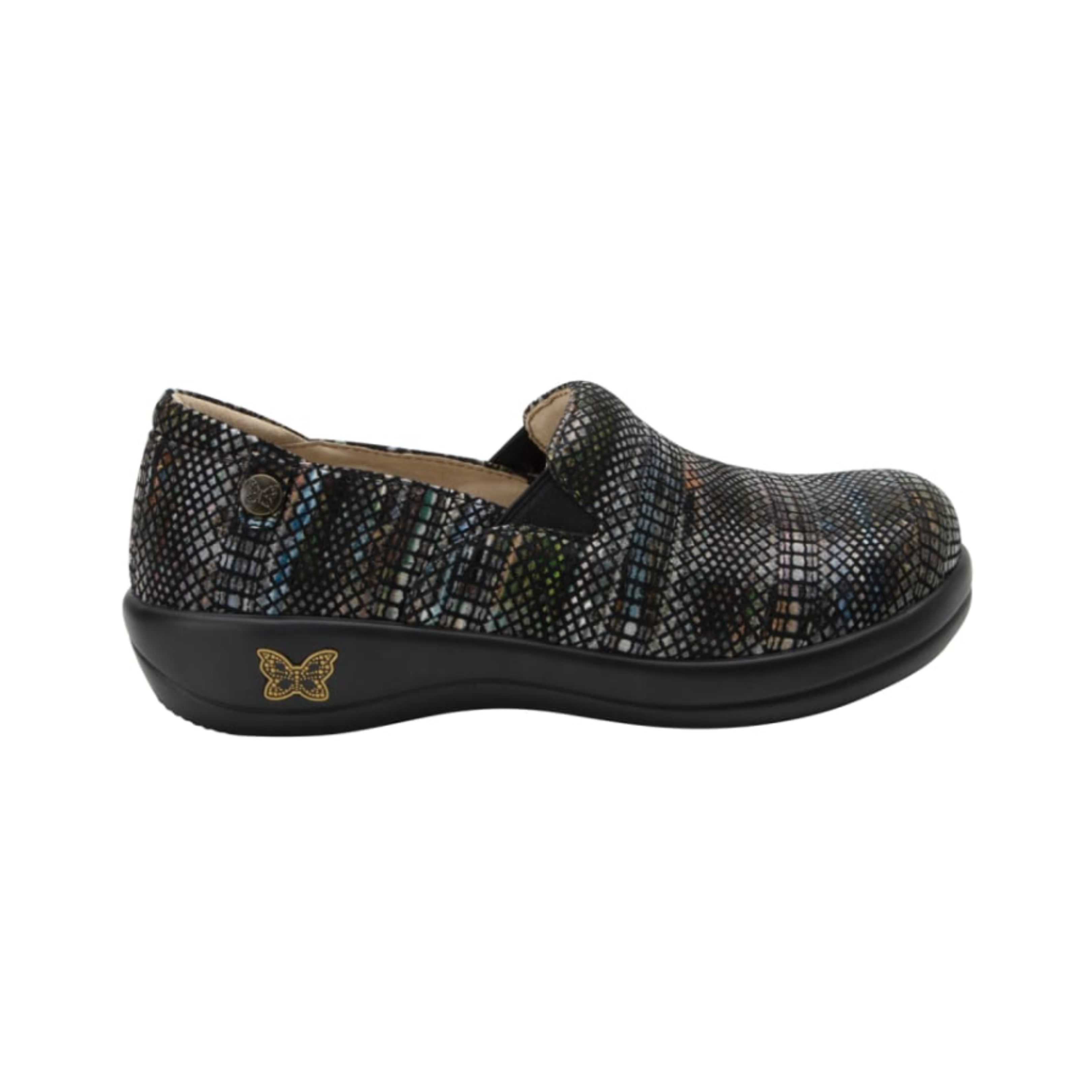 Side view of the Women’s Alegria Keli in Earthy Lux, highlighting the stain-resistant leather upper, mild rocker sole for natural motion, and slip-resistant outsole designed for long hours on your feet.